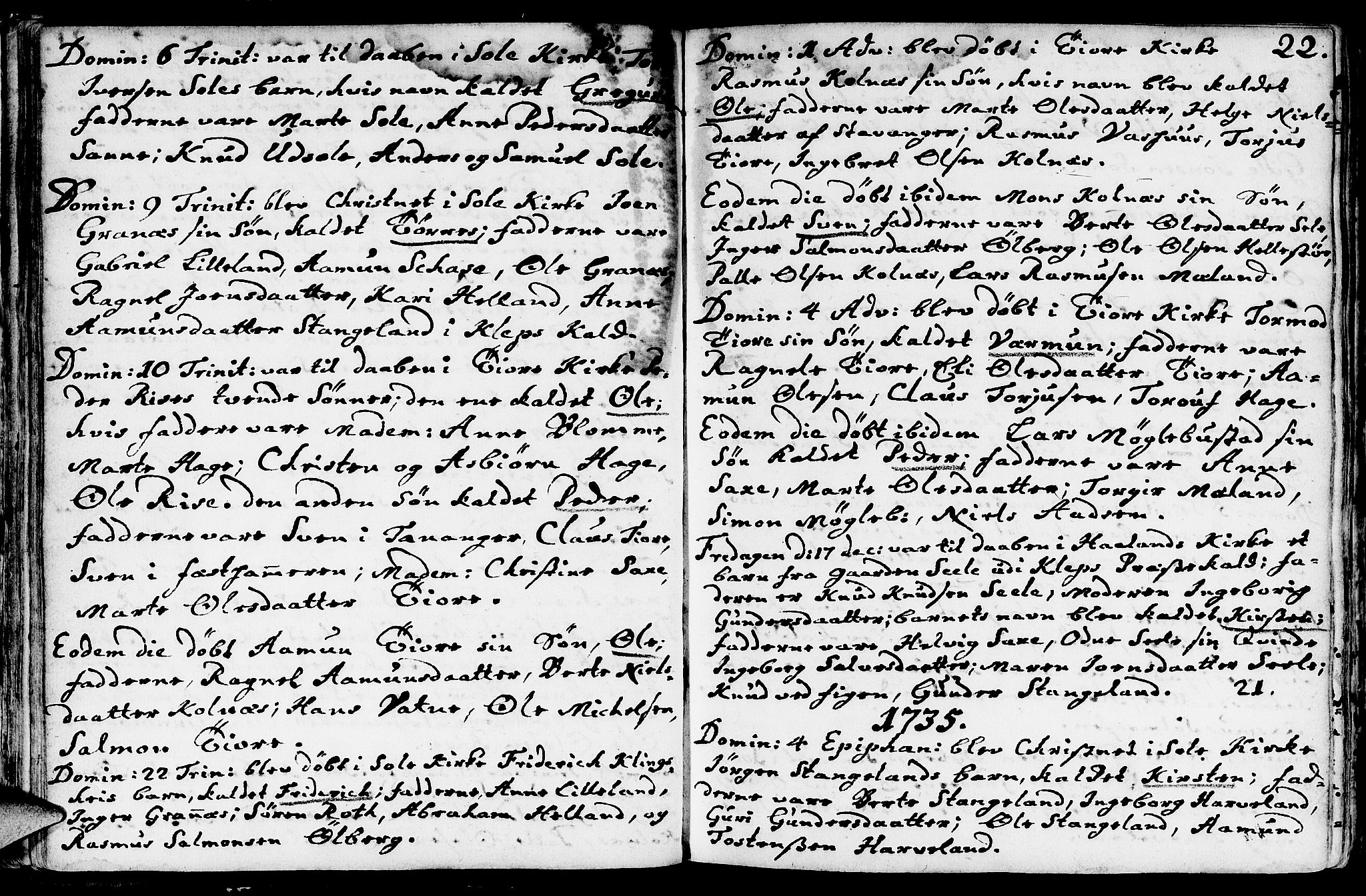 Håland sokneprestkontor, SAST/A-101802/001/30BA/L0002: Parish register (official) no. A 2, 1722-1794, p. 22