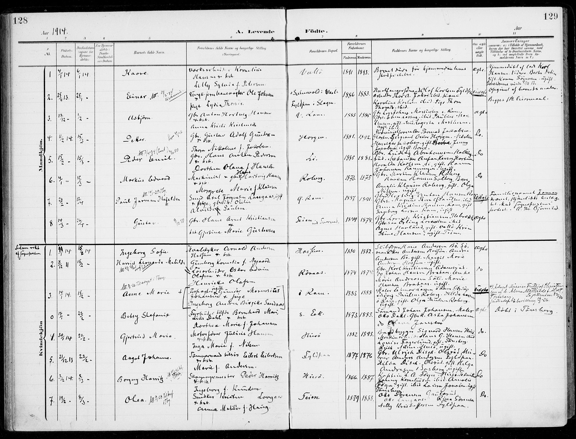 Sem kirkebøker, SAKO/A-5/F/Fb/L0006: Parish register (official) no. II 6, 1905-1918, p. 128-129