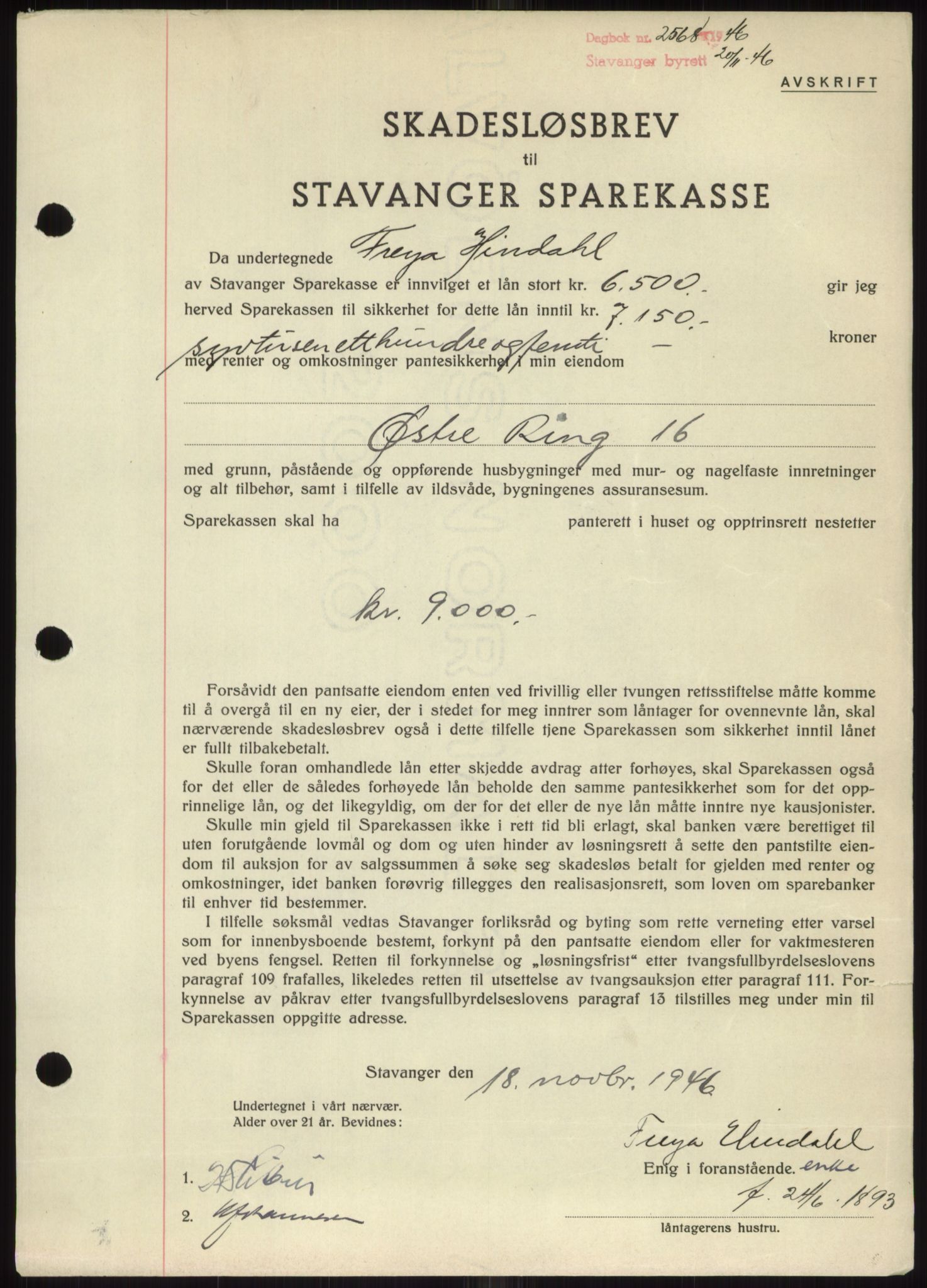 Stavanger byrett, SAST/A-100455/002/G/Gb/L0031: Mortgage book, 1943-1947, Diary no: : 2568/1946