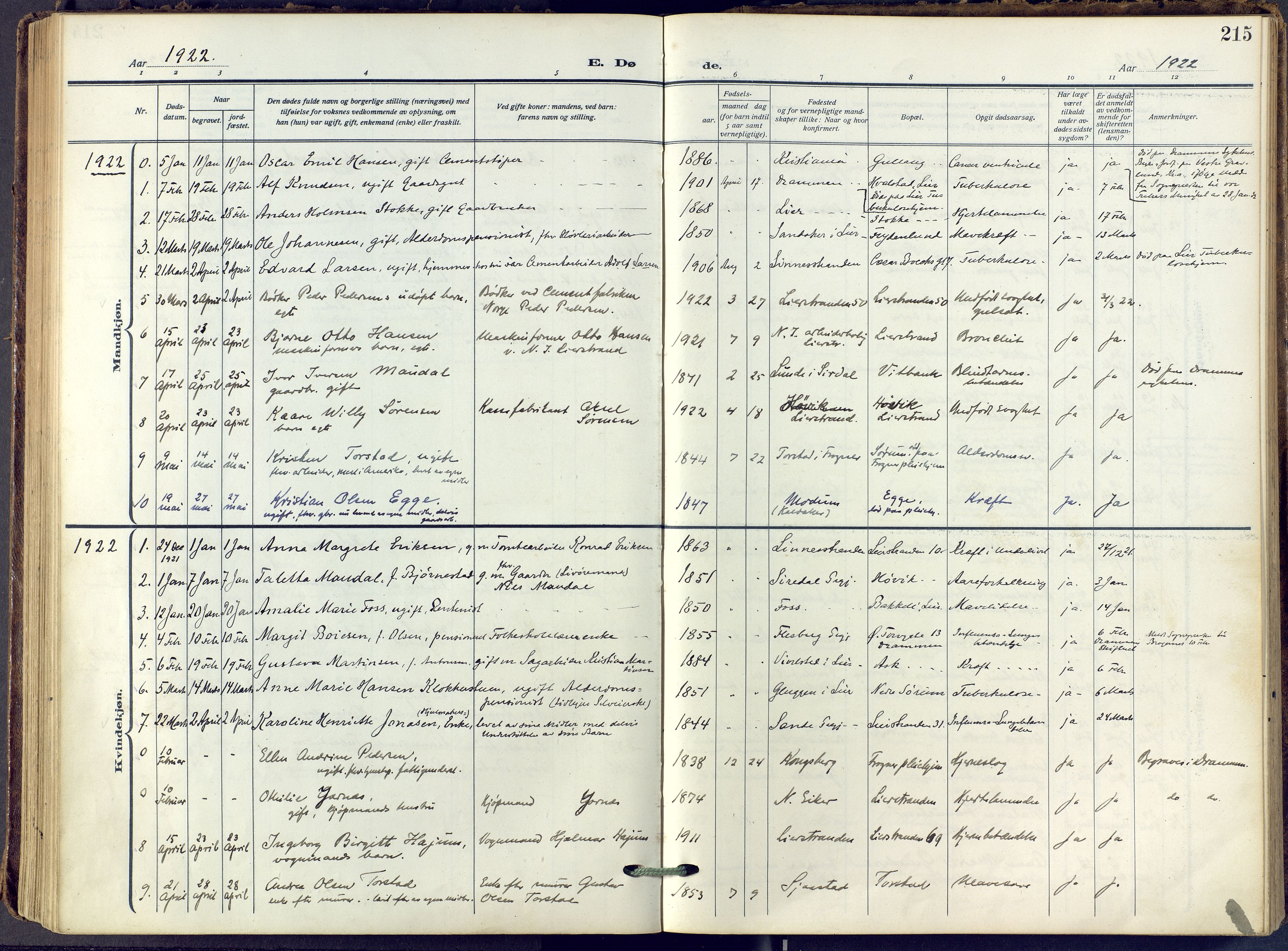 Lier kirkebøker, SAKO/A-230/F/Fa/L0019: Parish register (official) no. I 19, 1918-1928, p. 215