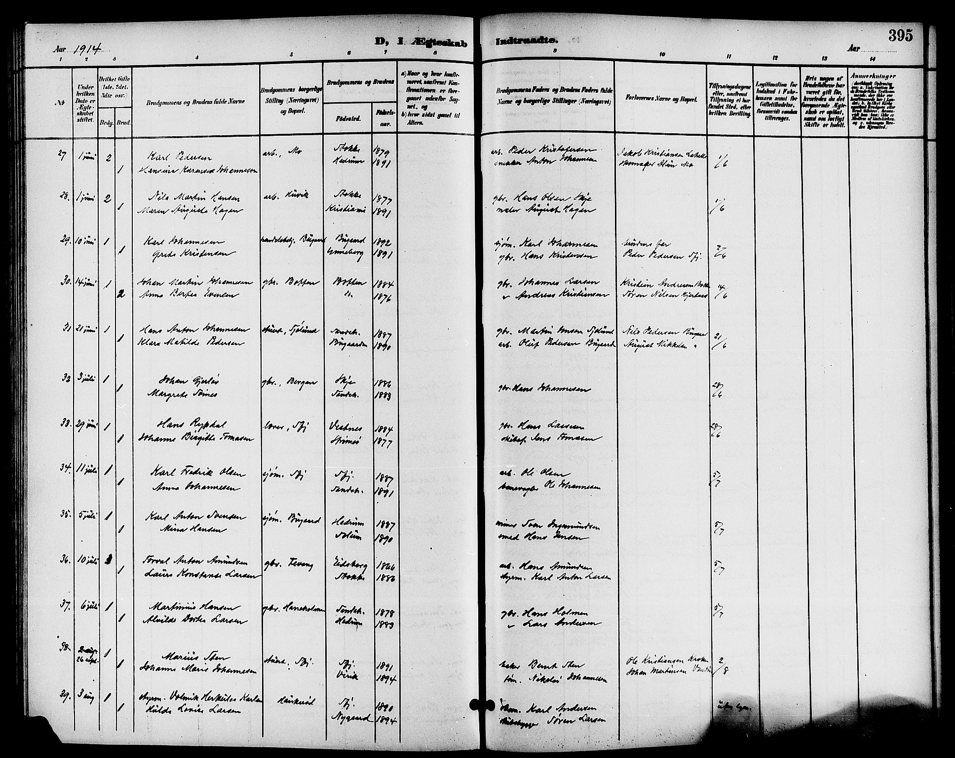 Sandar kirkebøker, SAKO/A-243/G/Ga/L0002: Parish register (copy) no. 2, 1900-1915, p. 395