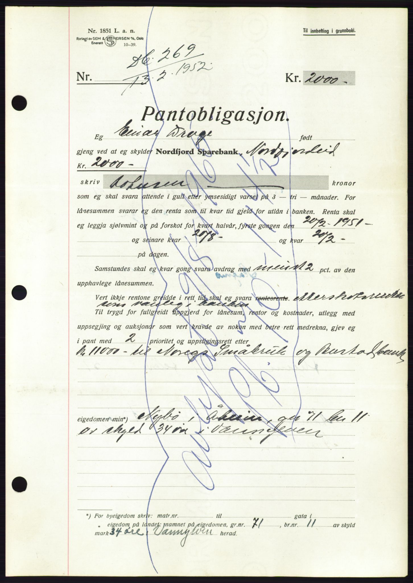 Søre Sunnmøre sorenskriveri, AV/SAT-A-4122/1/2/2C/L0121: Mortgage book no. 9B, 1951-1952, Diary no: : 269/1952