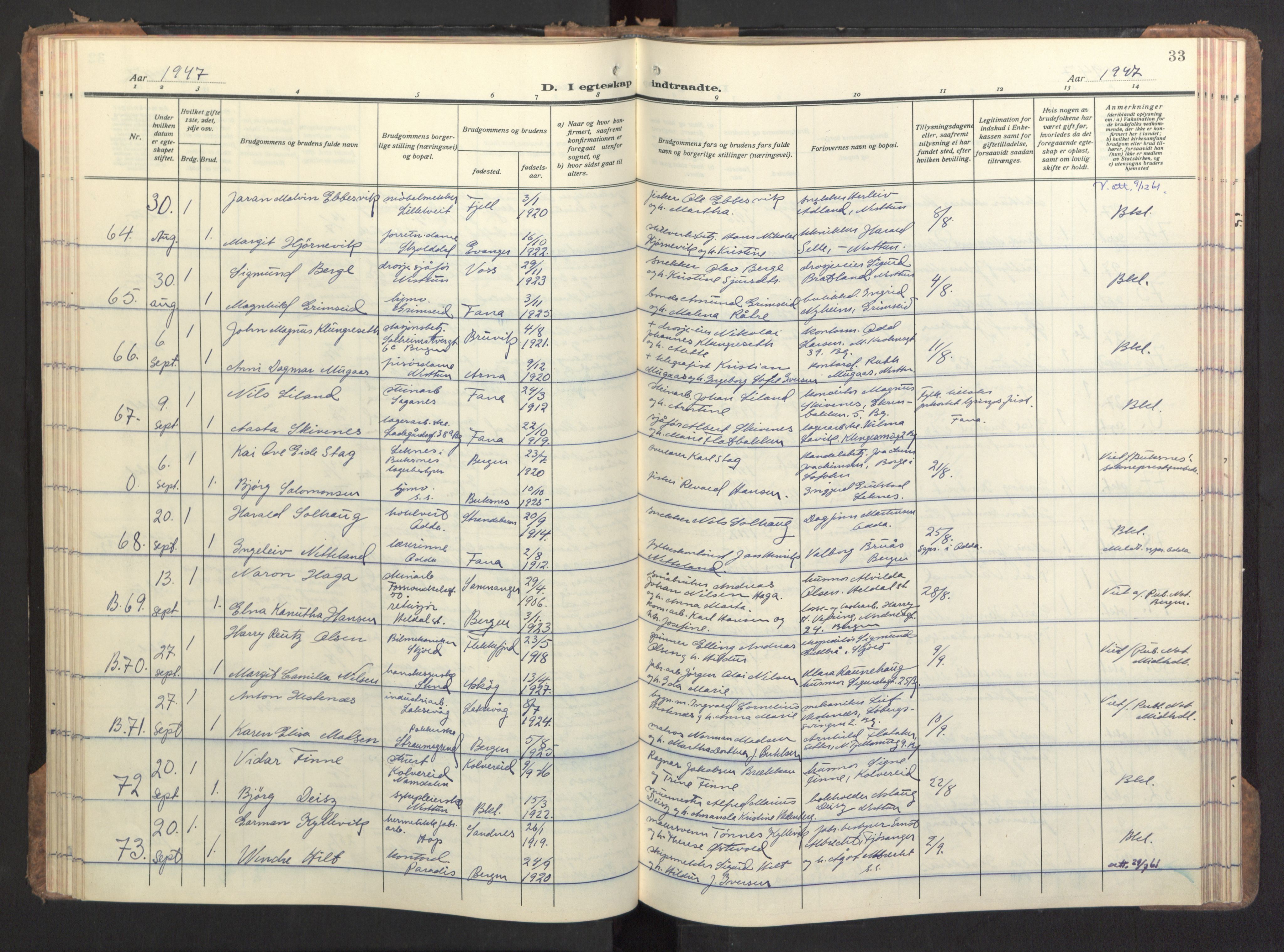 Birkeland Sokneprestembete, AV/SAB-A-74601/H/Haa/Haac/L0001: Parish register (official) no. C 1, 1944-1954, p. 33