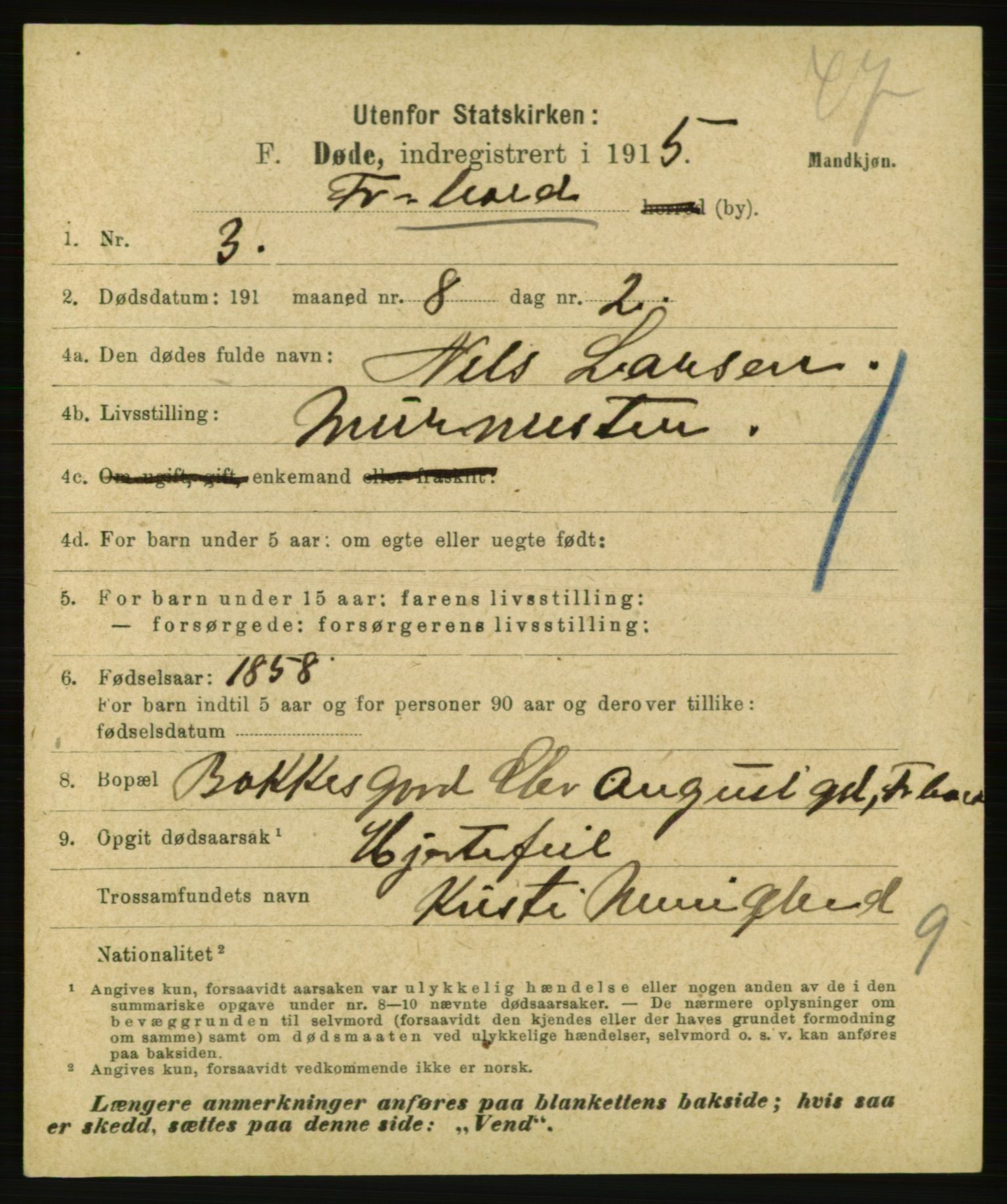 Statistisk sentralbyrå, Sosiodemografiske emner, Befolkning, AV/RA-S-2228/E/L0013: Fødte, gifte, døde dissentere., 1915, p. 2267