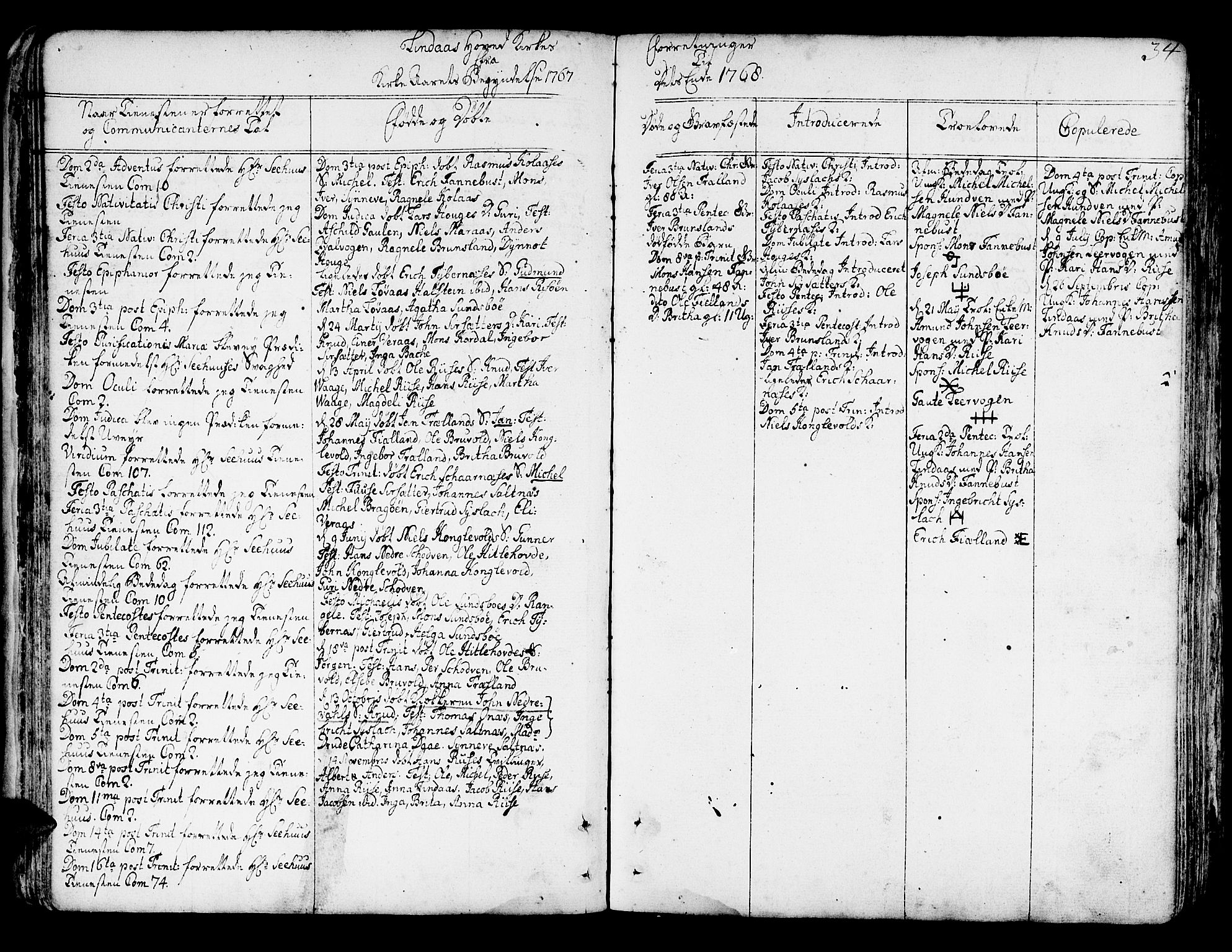 Lindås Sokneprestembete, AV/SAB-A-76701/H/Haa/Haaa/L0004: Parish register (official) no. A 4, 1764-1791, p. 34