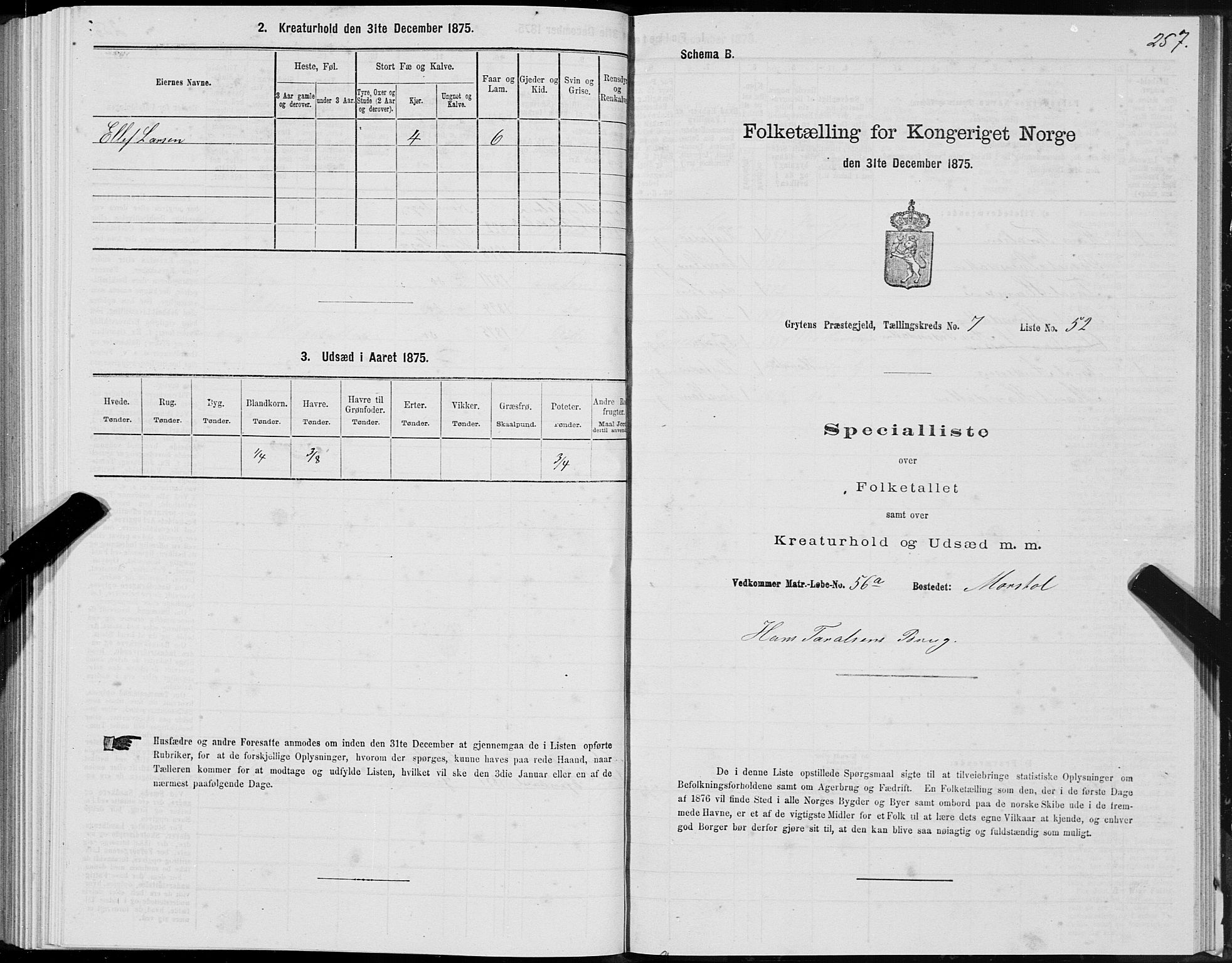 SAT, 1875 census for 1539P Grytten, 1875, p. 3257