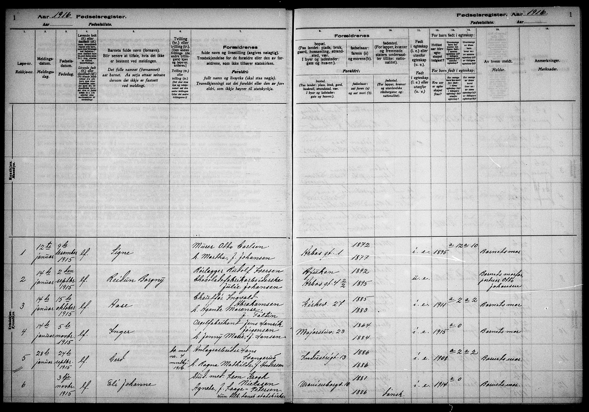 Uranienborg prestekontor Kirkebøker, AV/SAO-A-10877/J/Ja/L0001: Birth register no. 1, 1916-1930, p. 1