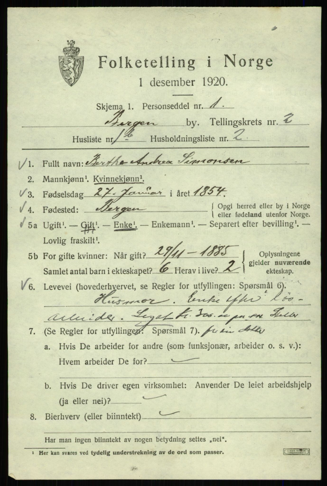 SAB, 1920 census for Bergen, 1920, p. 59781