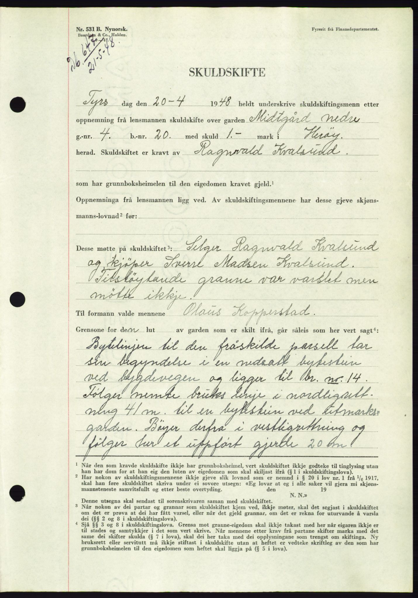 Søre Sunnmøre sorenskriveri, AV/SAT-A-4122/1/2/2C/L0082: Mortgage book no. 8A, 1948-1948, Diary no: : 647/1948