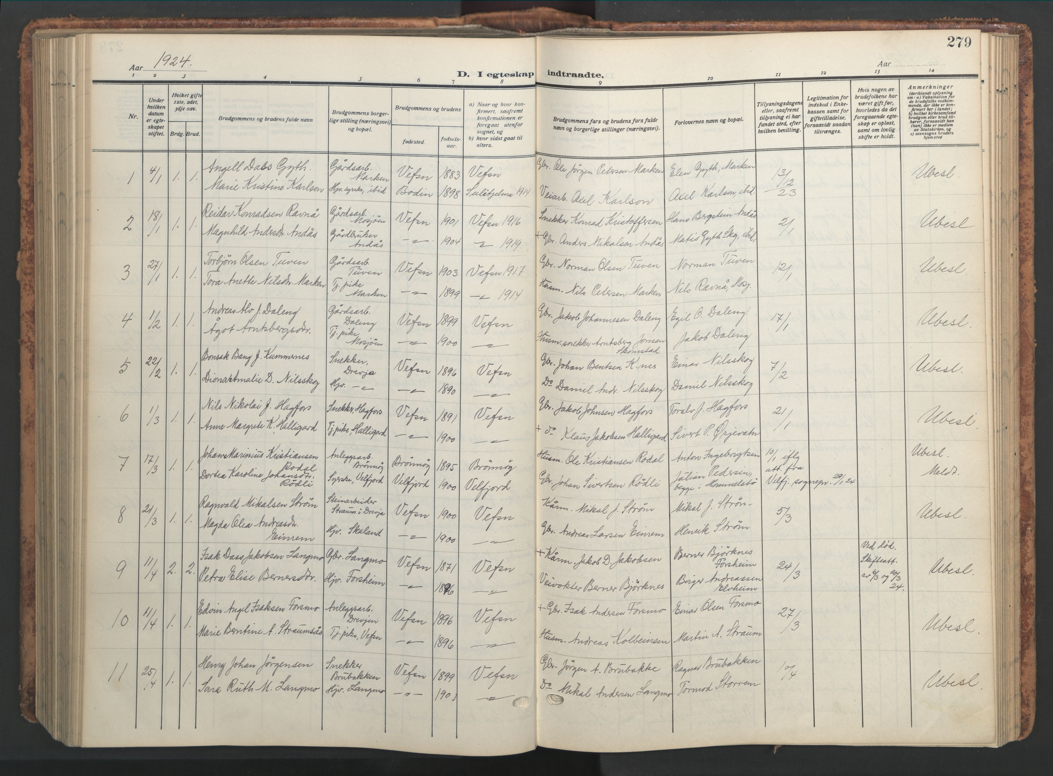 Ministerialprotokoller, klokkerbøker og fødselsregistre - Nordland, AV/SAT-A-1459/820/L0302: Parish register (copy) no. 820C04, 1917-1948, p. 279