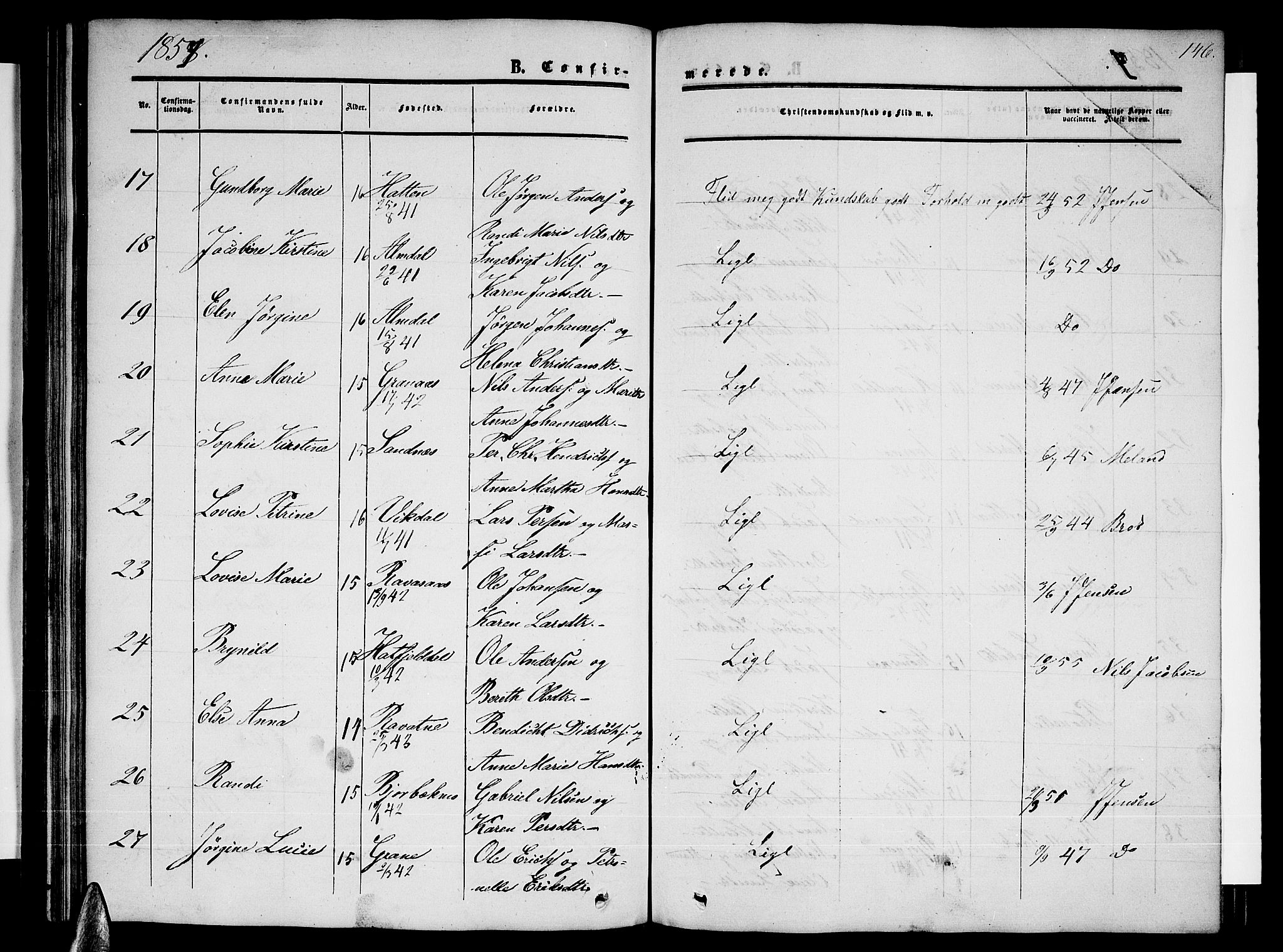 Ministerialprotokoller, klokkerbøker og fødselsregistre - Nordland, AV/SAT-A-1459/820/L0301: Parish register (copy) no. 820C03, 1851-1858, p. 146