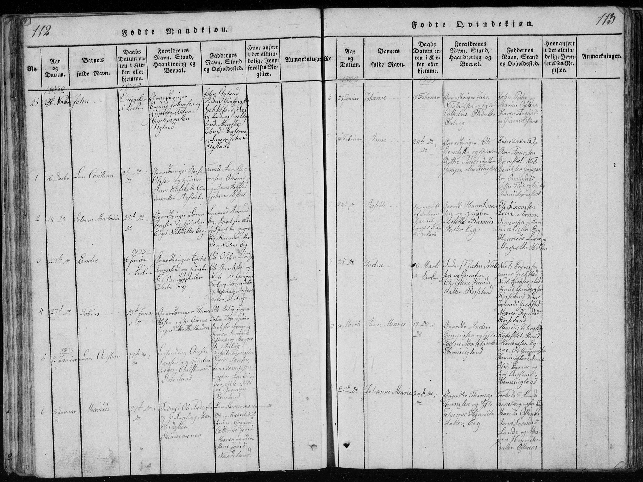 Søgne sokneprestkontor, SAK/1111-0037/F/Fb/Fbb/L0002: Parish register (copy) no. B 2, 1821-1838, p. 112-113