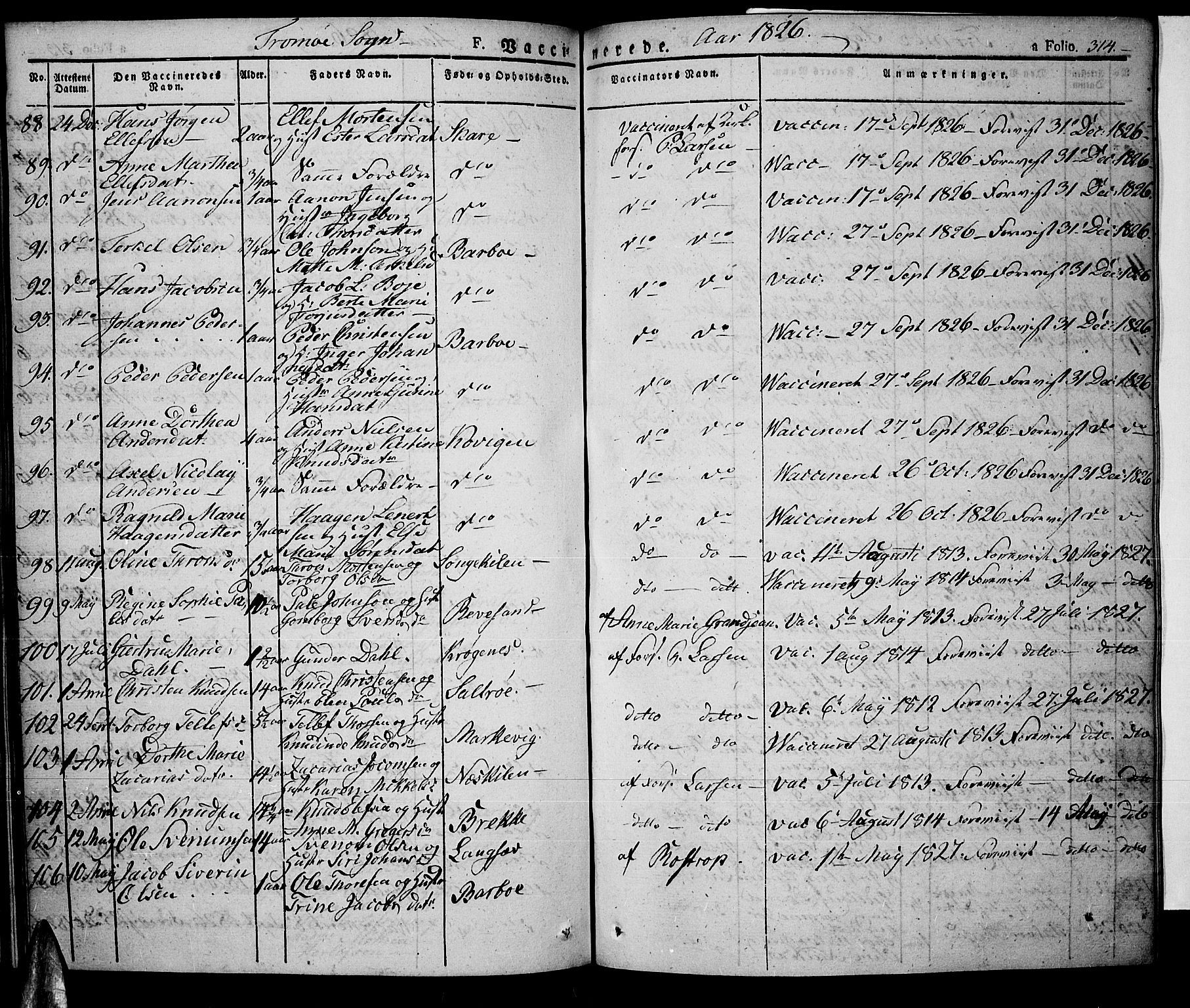 Tromøy sokneprestkontor, SAK/1111-0041/F/Fa/L0003: Parish register (official) no. A 3, 1825-1837, p. 314