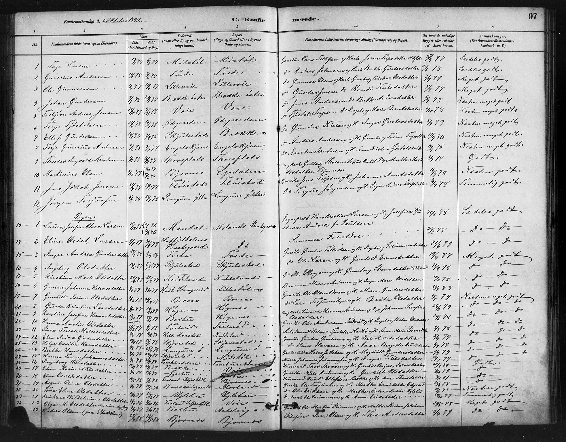 Austre Moland sokneprestkontor, AV/SAK-1111-0001/F/Fb/Fba/L0003: Parish register (copy) no. B 3, 1879-1914, p. 97