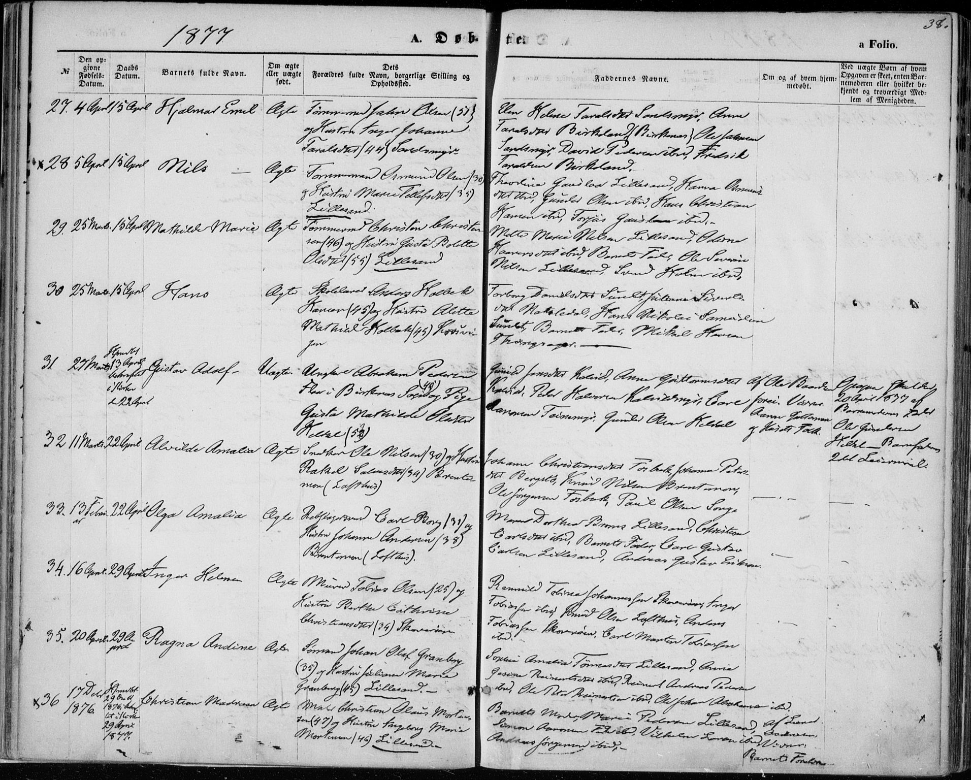 Vestre Moland sokneprestkontor, SAK/1111-0046/F/Fa/Fab/L0008: Parish register (official) no. A 8, 1873-1883, p. 38