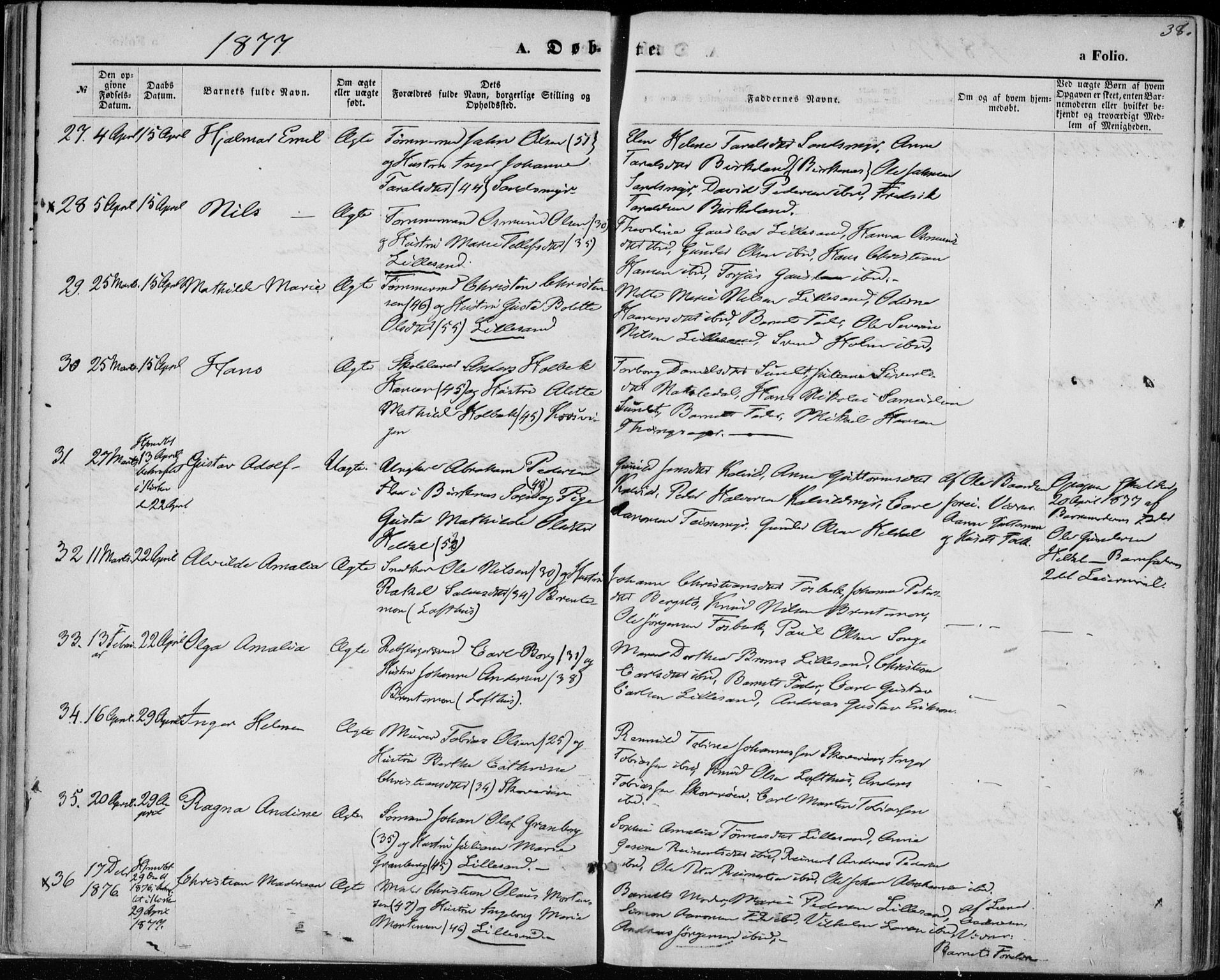 Vestre Moland sokneprestkontor, AV/SAK-1111-0046/F/Fa/Fab/L0008: Parish register (official) no. A 8, 1873-1883, p. 38