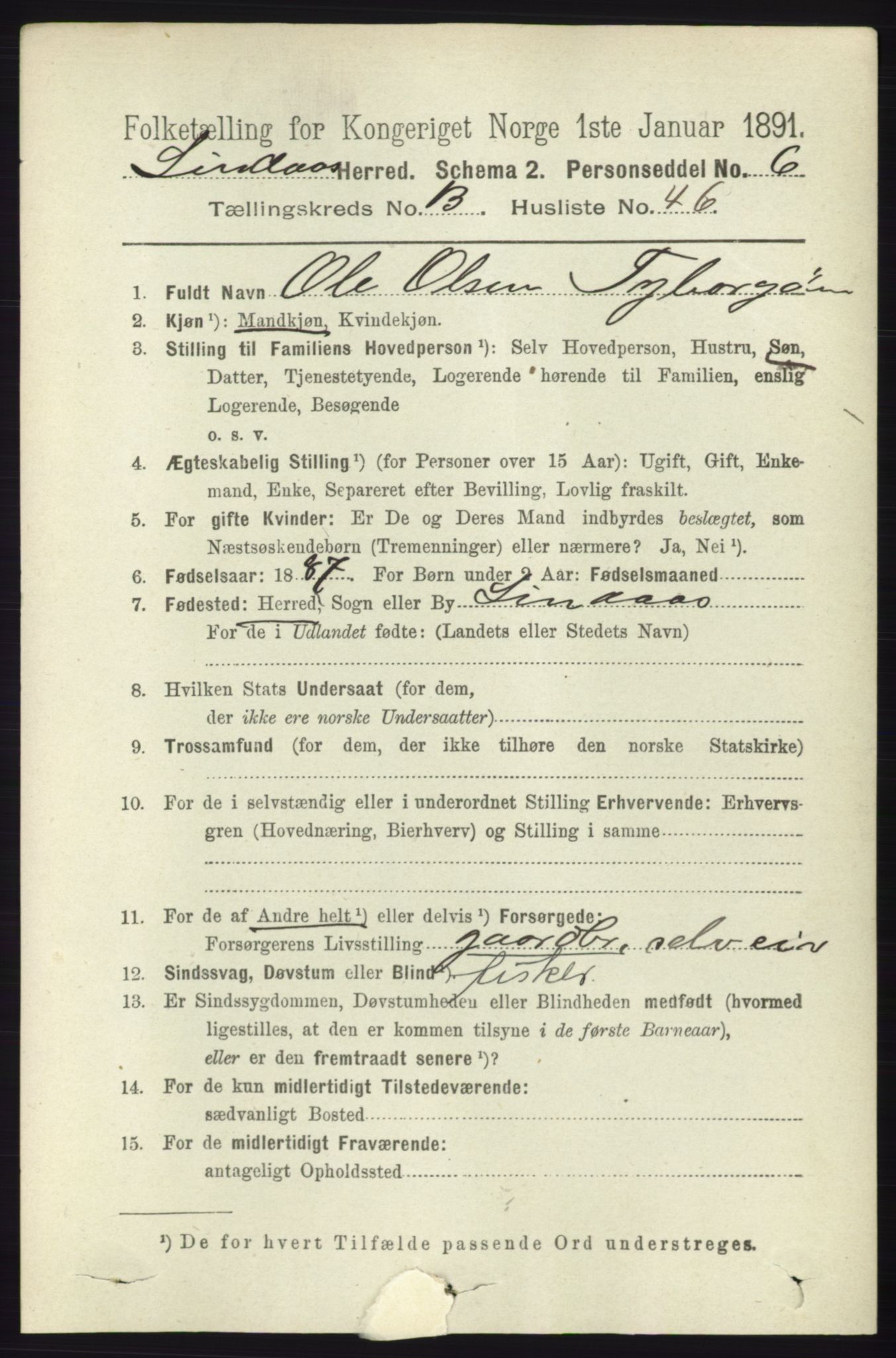 RA, 1891 census for 1263 Lindås, 1891, p. 4833