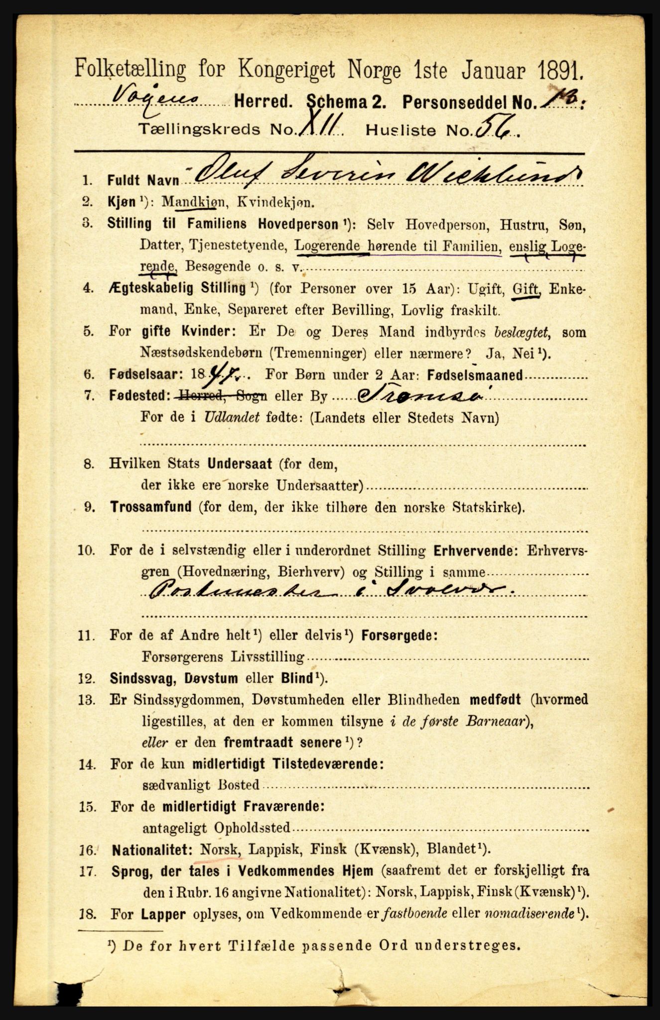 RA, 1891 census for 1865 Vågan, 1891, p. 3257