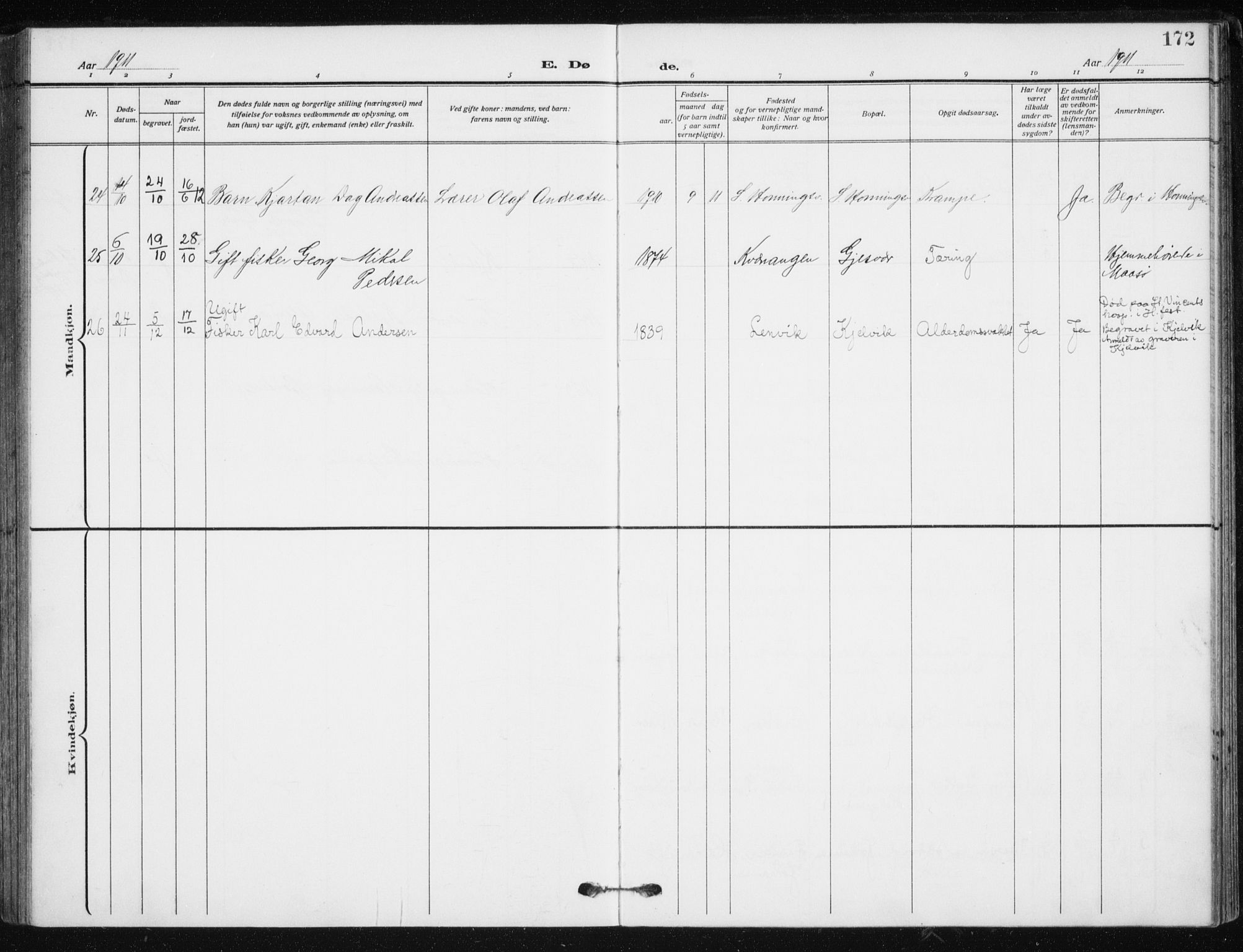 Kjelvik/Nordkapp sokneprestkontor, SATØ/S-1350/H/Ha/L0001kirke: Parish register (official) no. 1, 1911-1919, p. 172