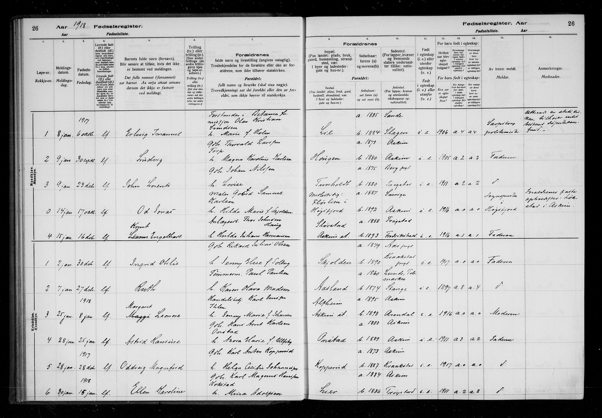 Askim prestekontor Kirkebøker, AV/SAO-A-10900/J/Ja/L0001: Birth register no. 1, 1916-1929, p. 26