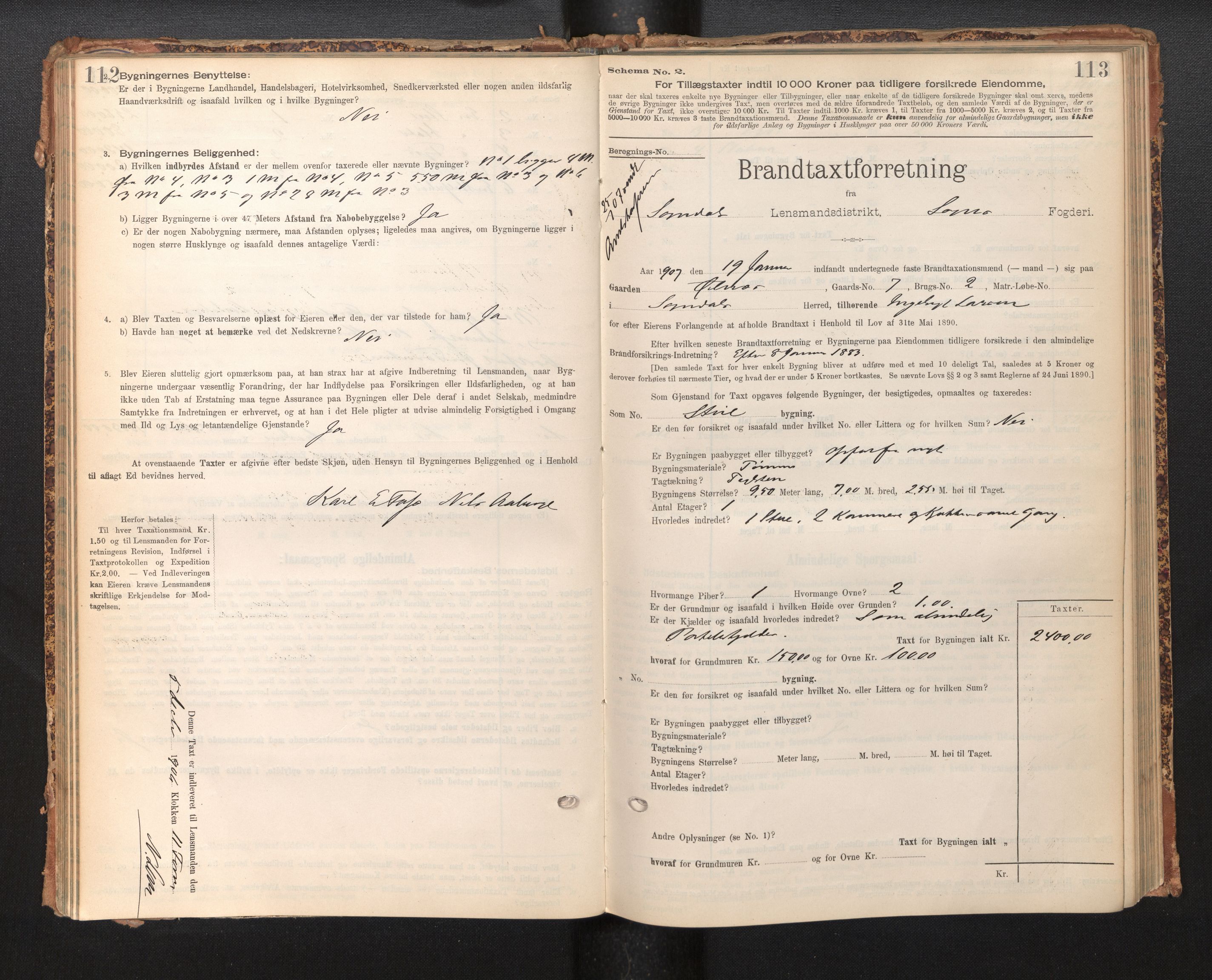 Lensmannen i Sogndal, SAB/A-29901/0012/L0009: Branntakstprotokoll, skjematakst, 1901-1914, p. 112-113