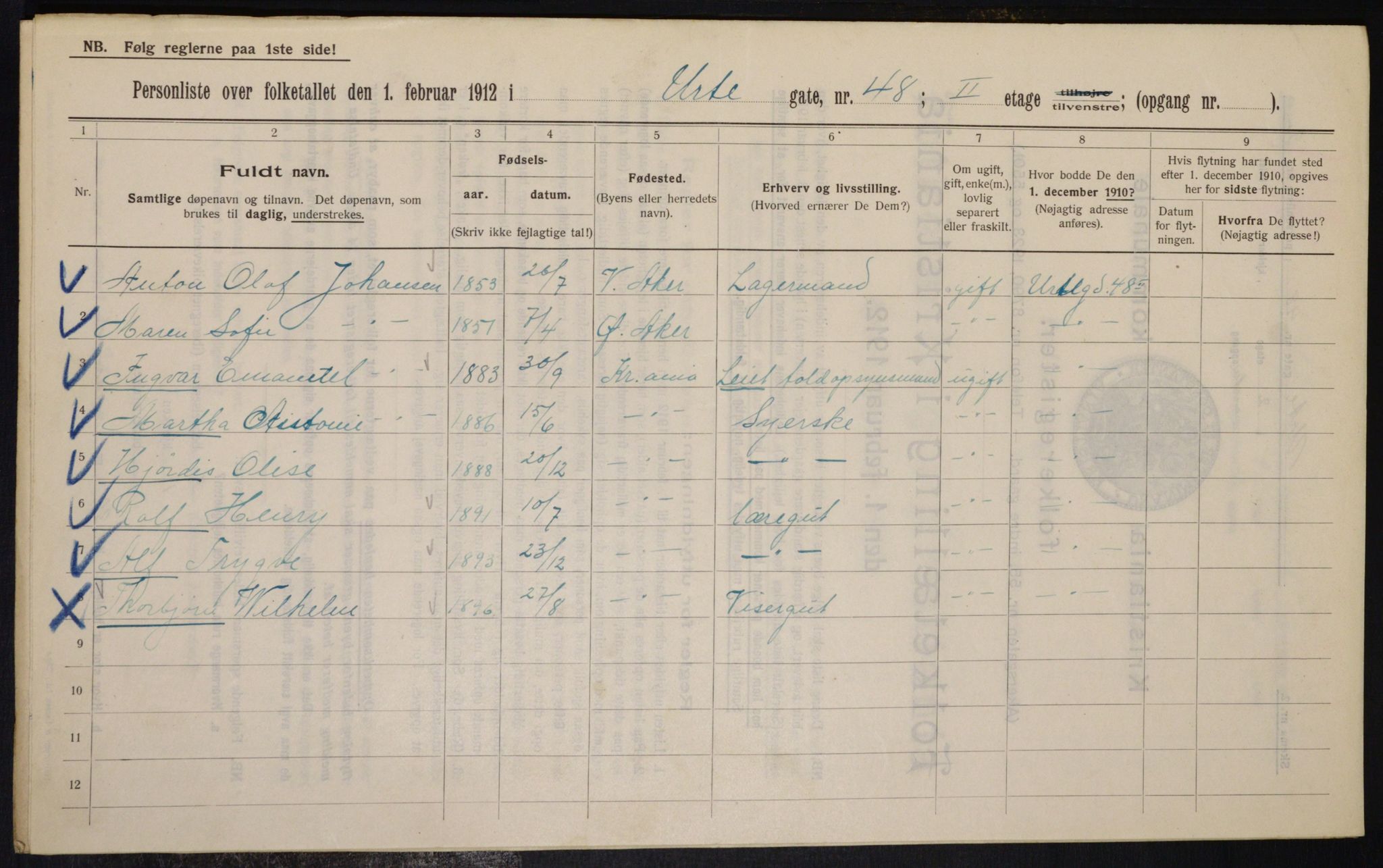 OBA, Municipal Census 1912 for Kristiania, 1912, p. 121317