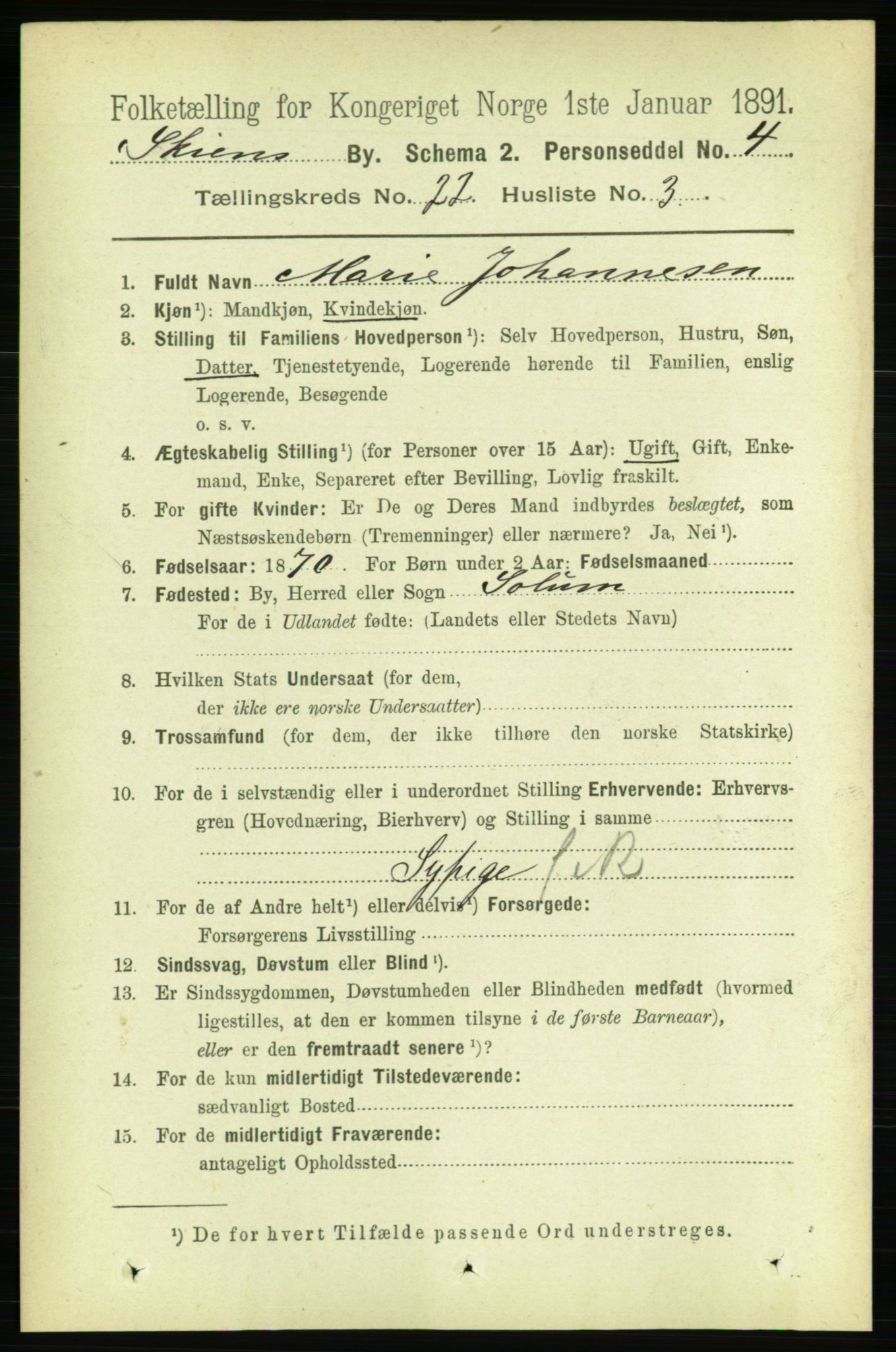 RA, 1891 census for 0806 Skien, 1891, p. 5685