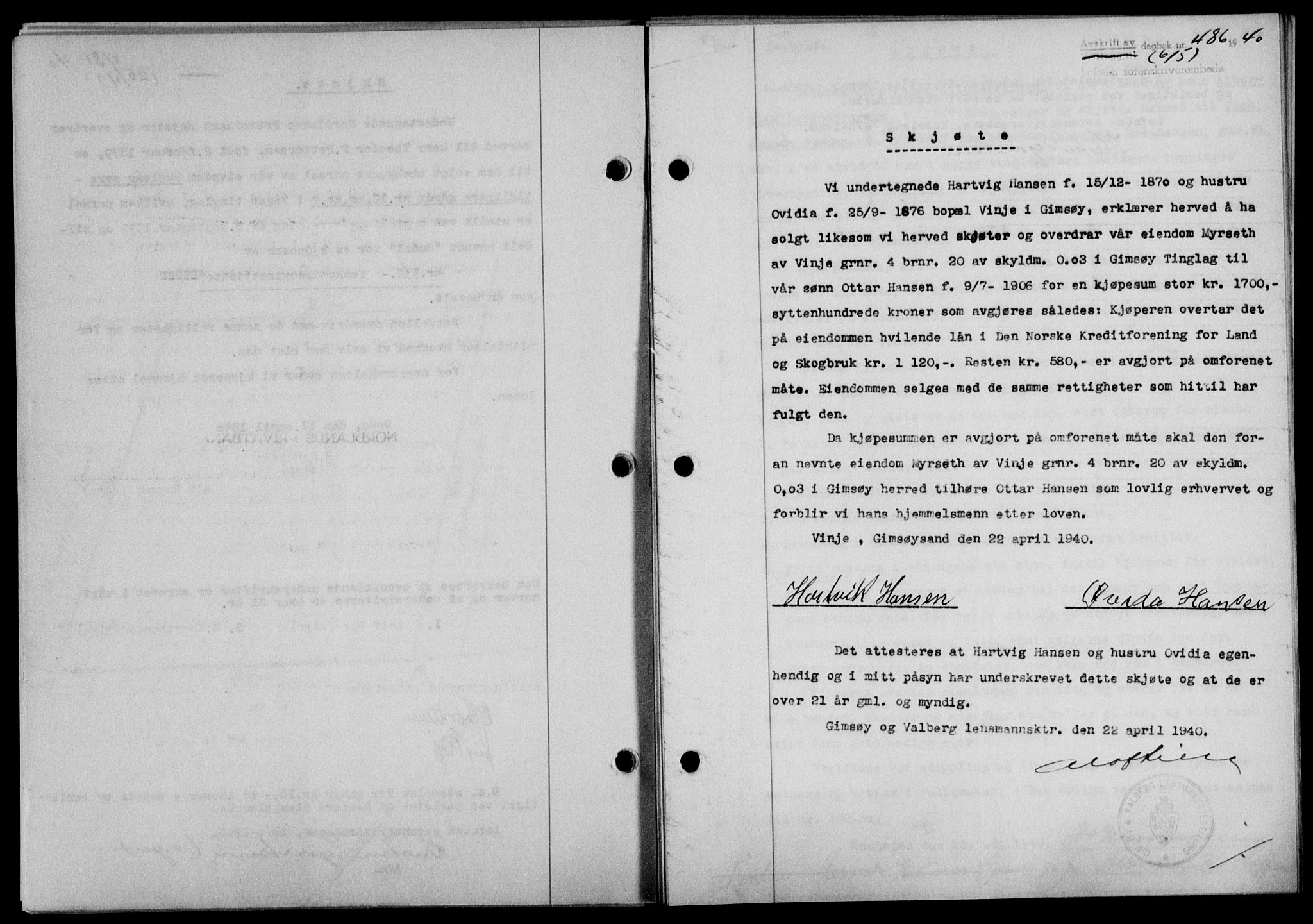 Lofoten sorenskriveri, SAT/A-0017/1/2/2C/L0007a: Mortgage book no. 7a, 1939-1940, Diary no: : 486/1940