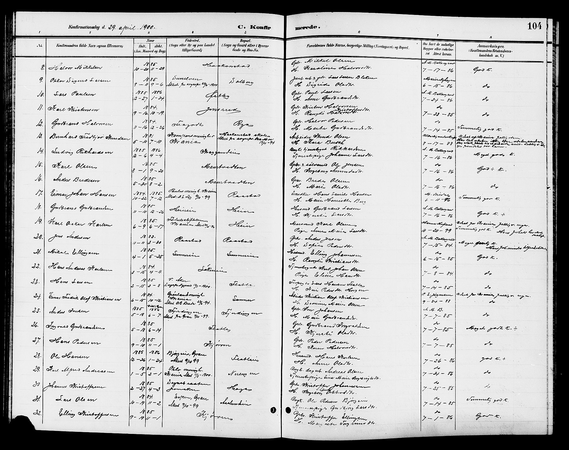 Jevnaker prestekontor, SAH/PREST-116/H/Ha/Hab/L0003: Parish register (copy) no. 3, 1896-1909, p. 104