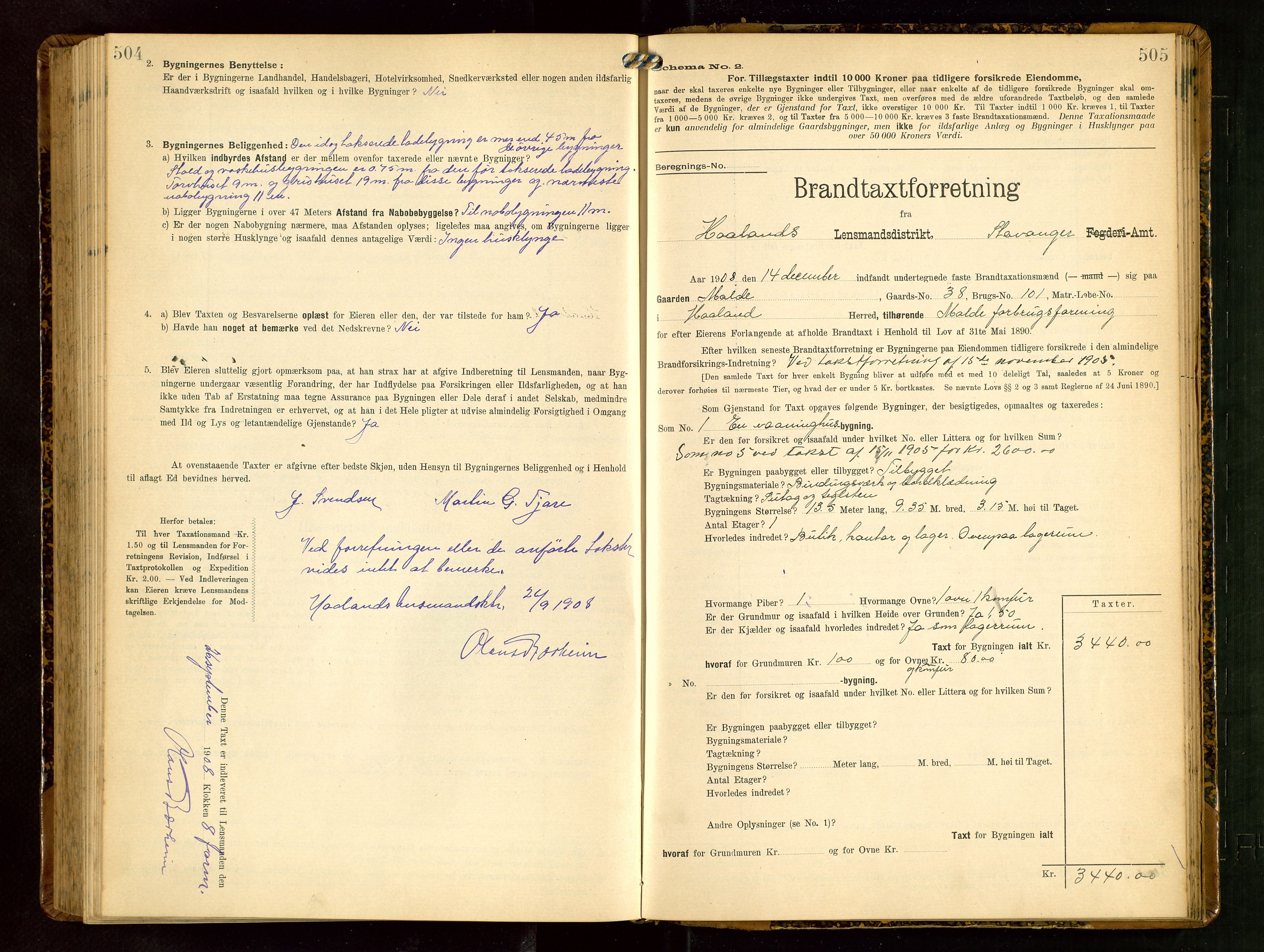 Håland lensmannskontor, AV/SAST-A-100100/Gob/L0003: Branntakstprotokoll - skjematakst. Register i boken., 1909-1910, p. 504-505