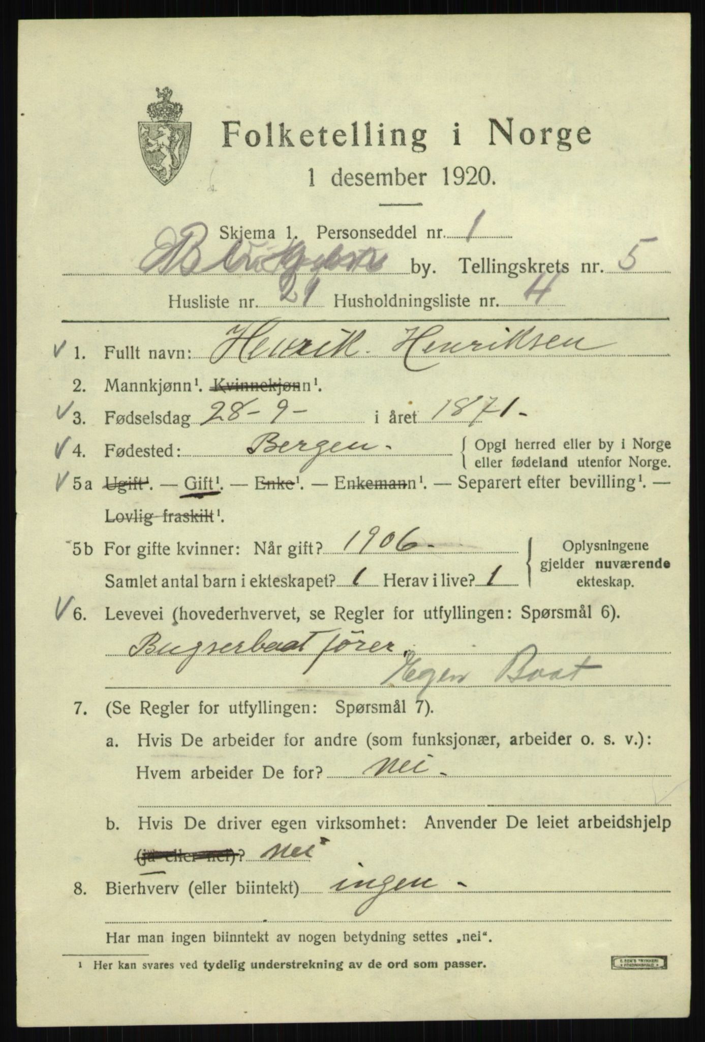 SAB, 1920 census for Bergen, 1920, p. 65344