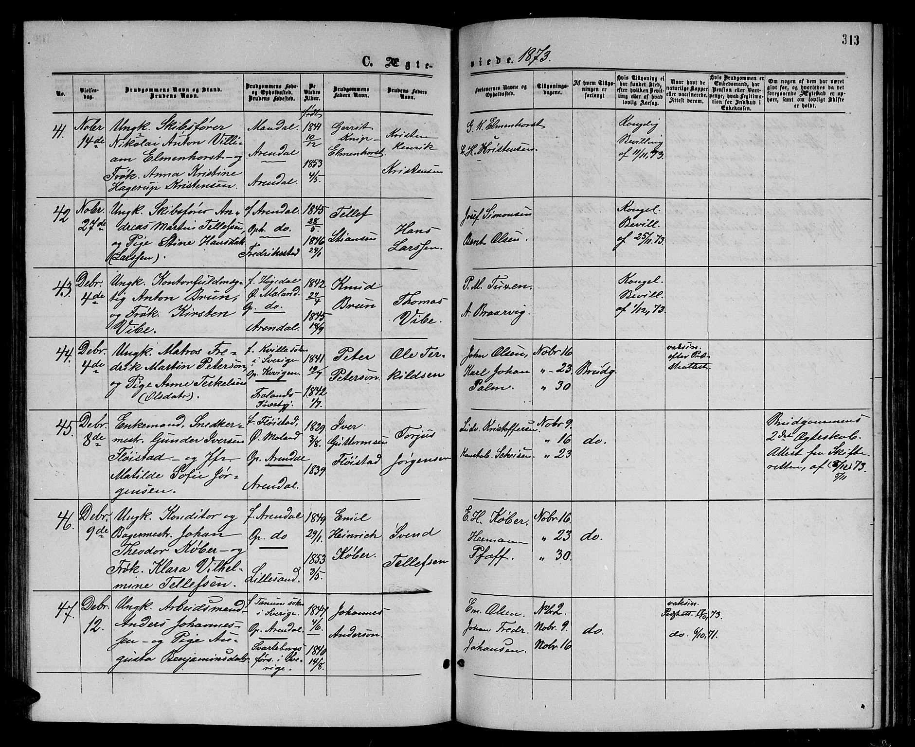 Arendal sokneprestkontor, Trefoldighet, AV/SAK-1111-0040/F/Fb/L0004: Parish register (copy) no. B 4, 1861-1873, p. 313