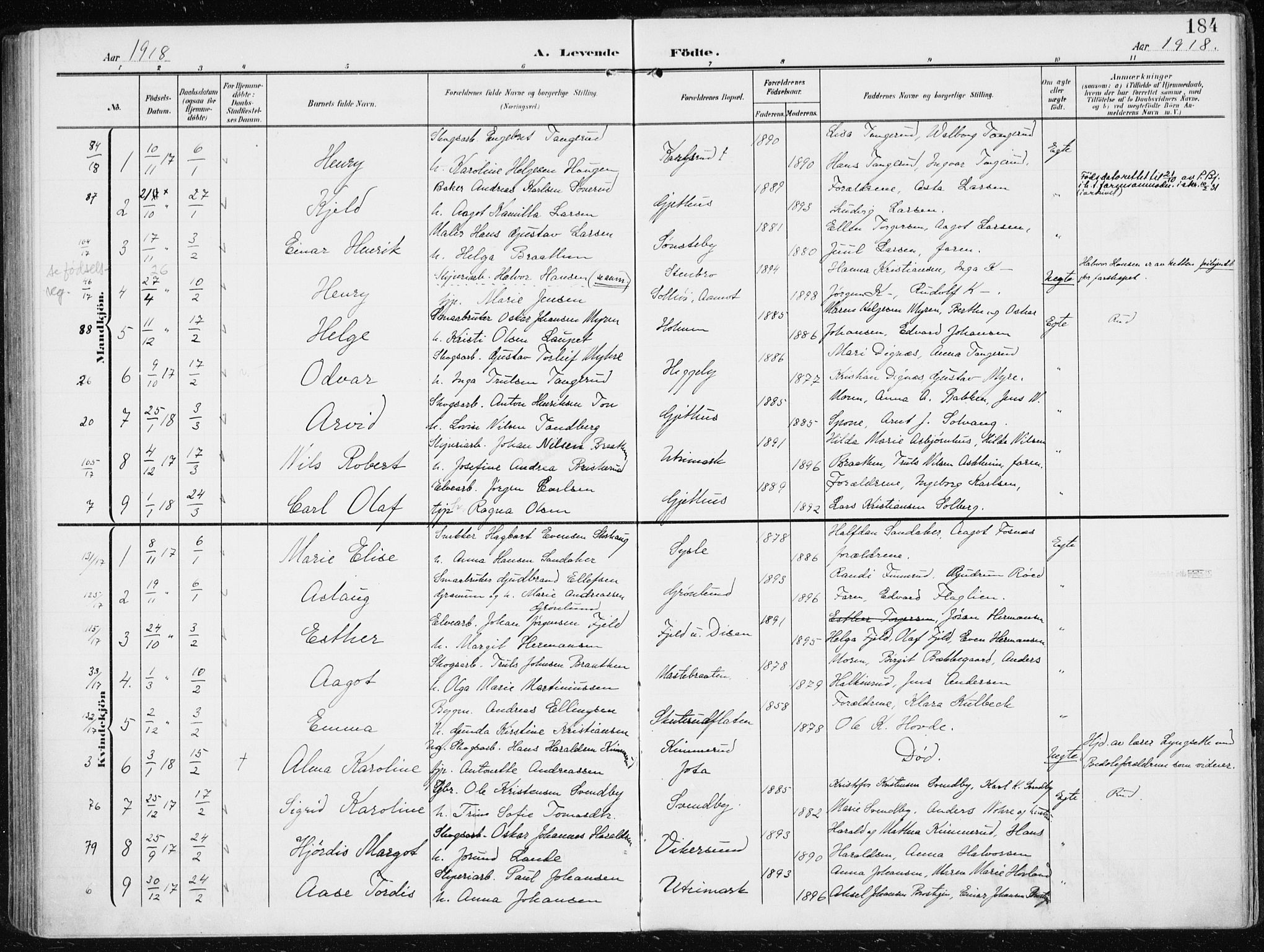 Modum kirkebøker, AV/SAKO-A-234/F/Fa/L0014a: Parish register (official) no. 14A, 1906-1918, p. 184