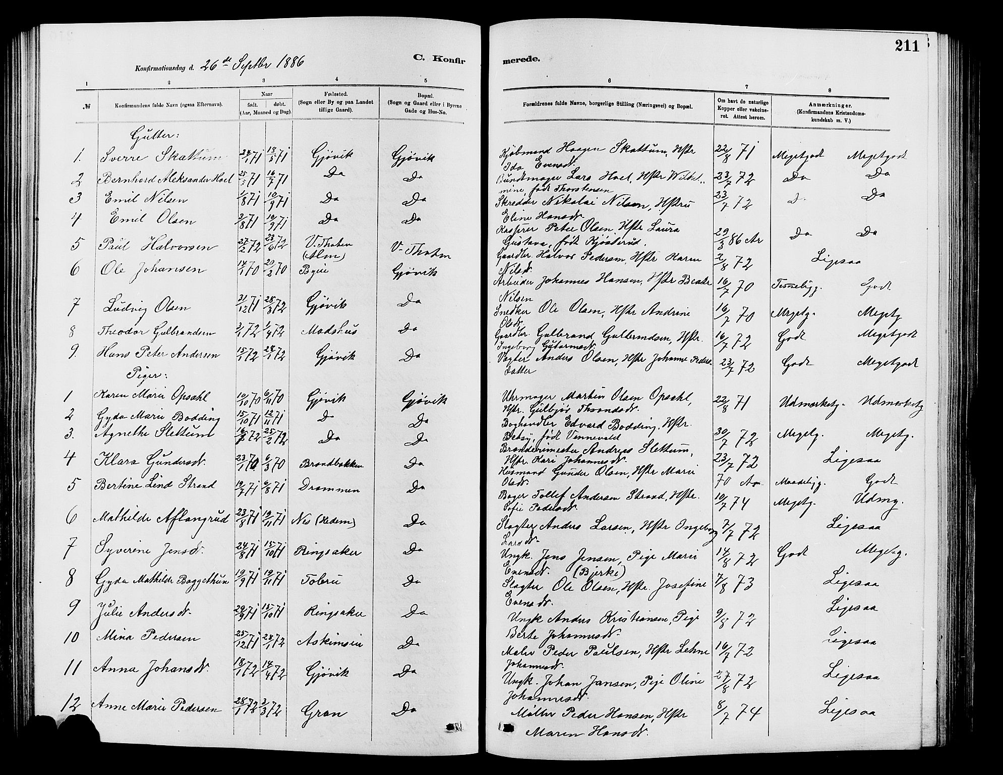 Vardal prestekontor, SAH/PREST-100/H/Ha/Hab/L0007: Parish register (copy) no. 7 /2, 1881-1895, p. 211