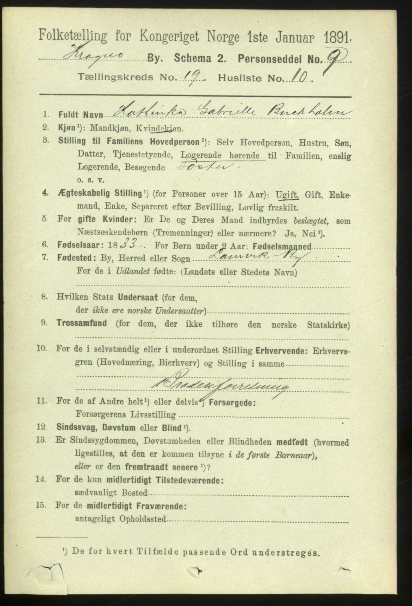 RA, 1891 census for 0801 Kragerø, 1891, p. 4601