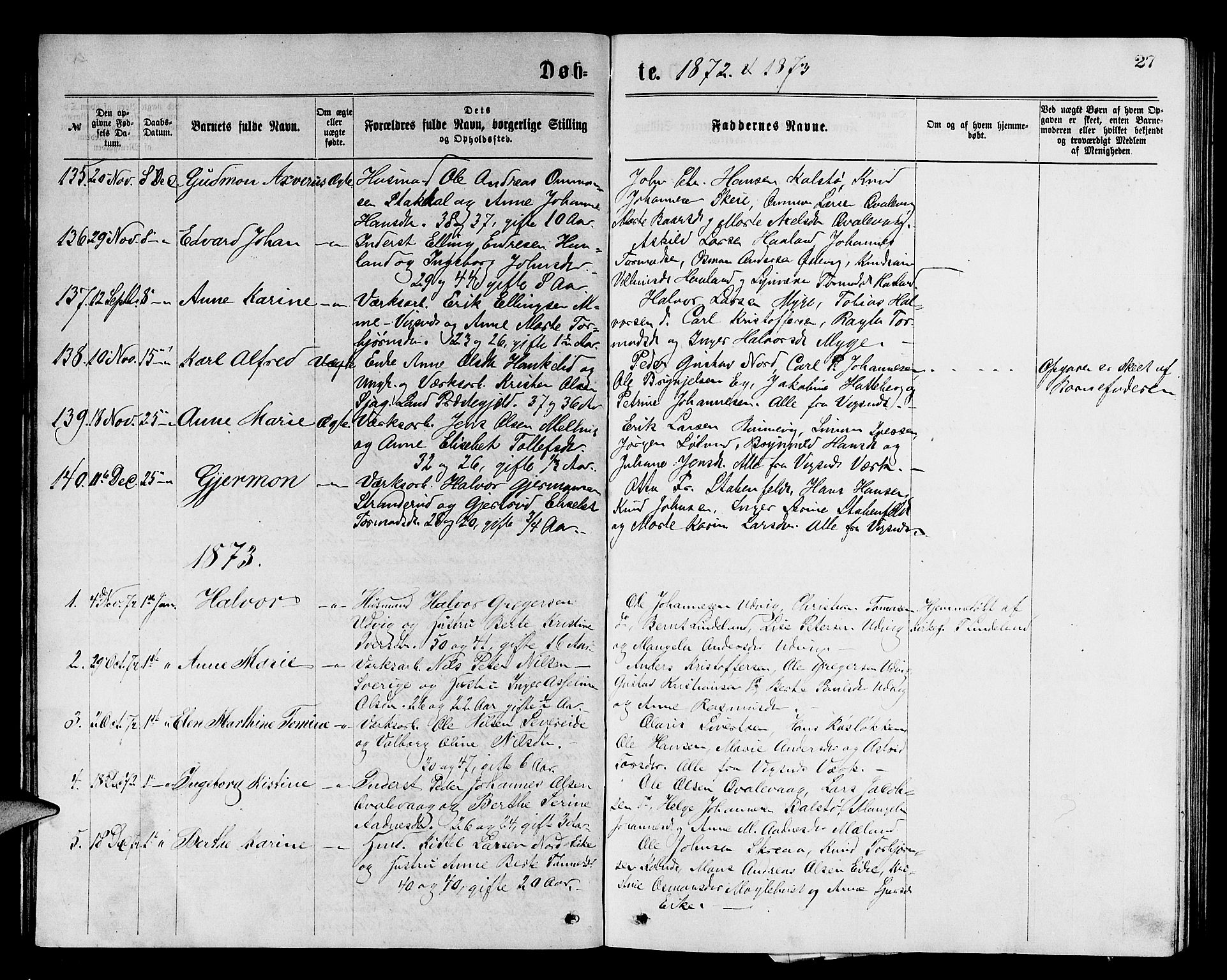 Avaldsnes sokneprestkontor, SAST/A -101851/H/Ha/Hab/L0005: Parish register (copy) no. B 5, 1871-1885, p. 27
