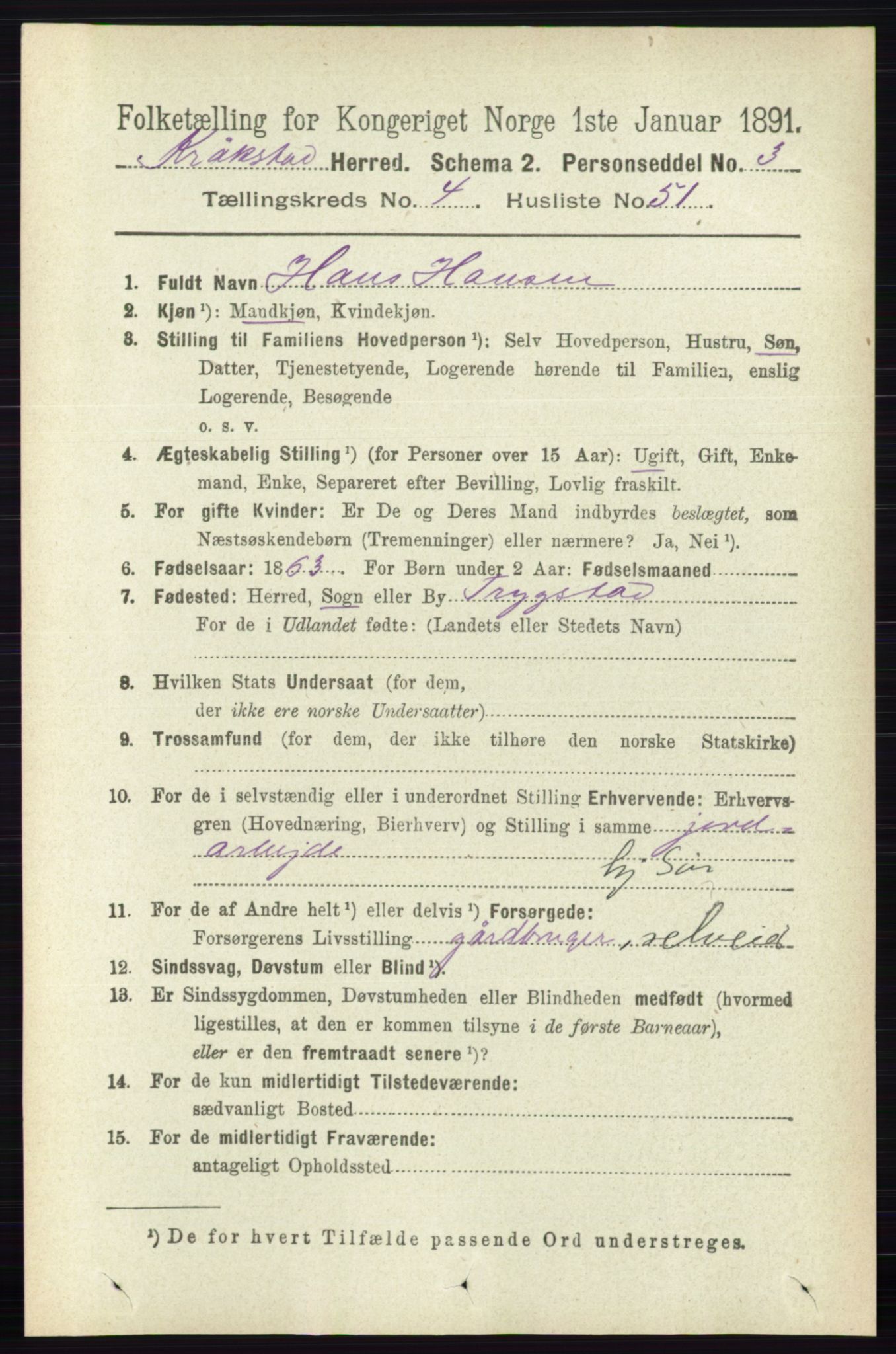 RA, 1891 census for 0212 Kråkstad, 1891, p. 2105