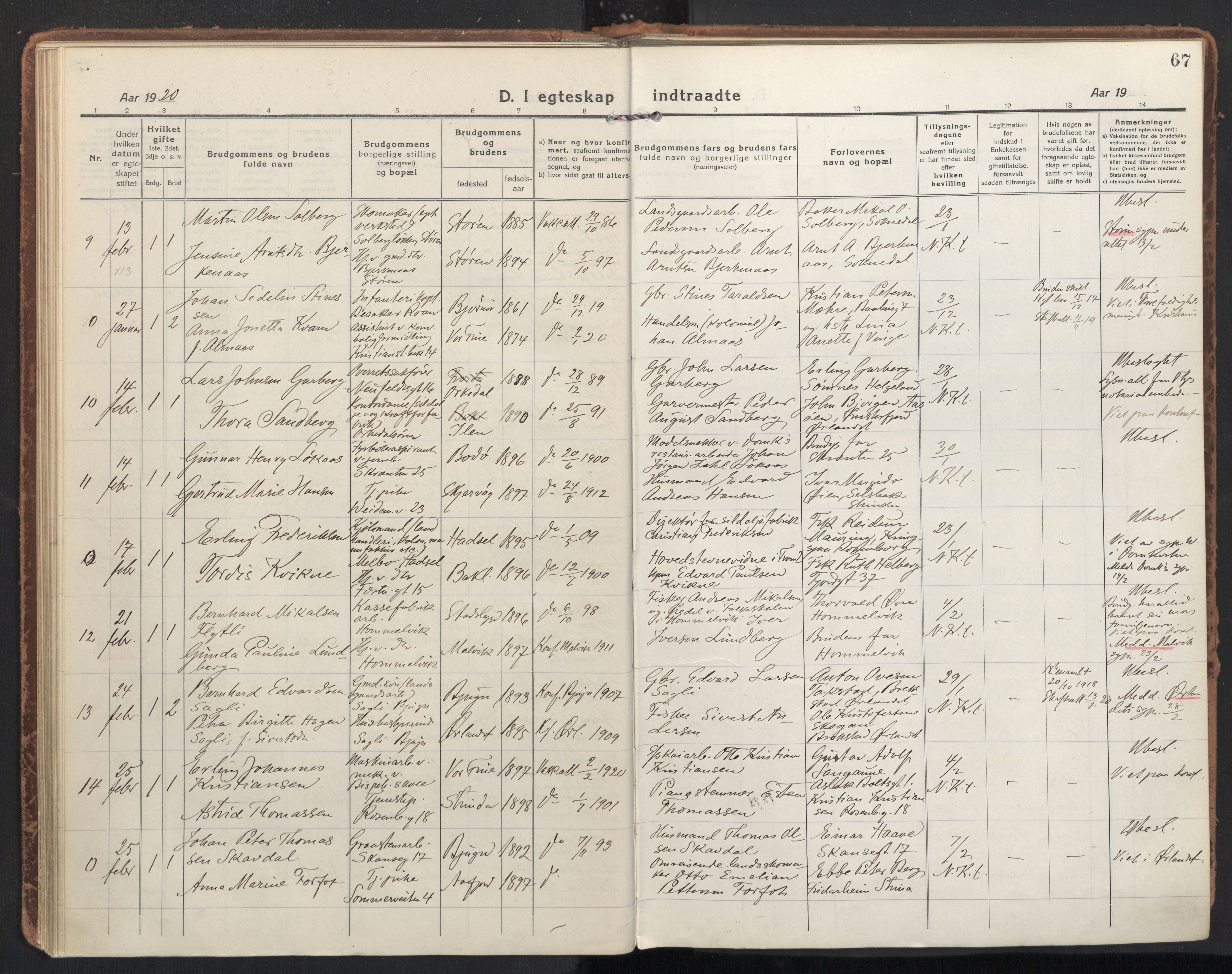 Ministerialprotokoller, klokkerbøker og fødselsregistre - Sør-Trøndelag, SAT/A-1456/604/L0206: Parish register (official) no. 604A26, 1917-1931, p. 67