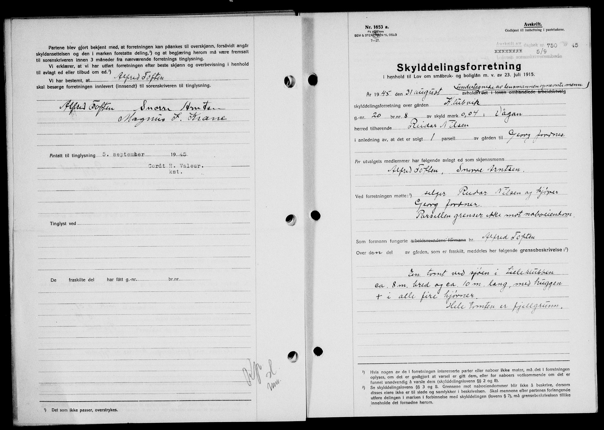 Lofoten sorenskriveri, SAT/A-0017/1/2/2C/L0013a: Mortgage book no. 13a, 1944-1946, Diary no: : 750/1945