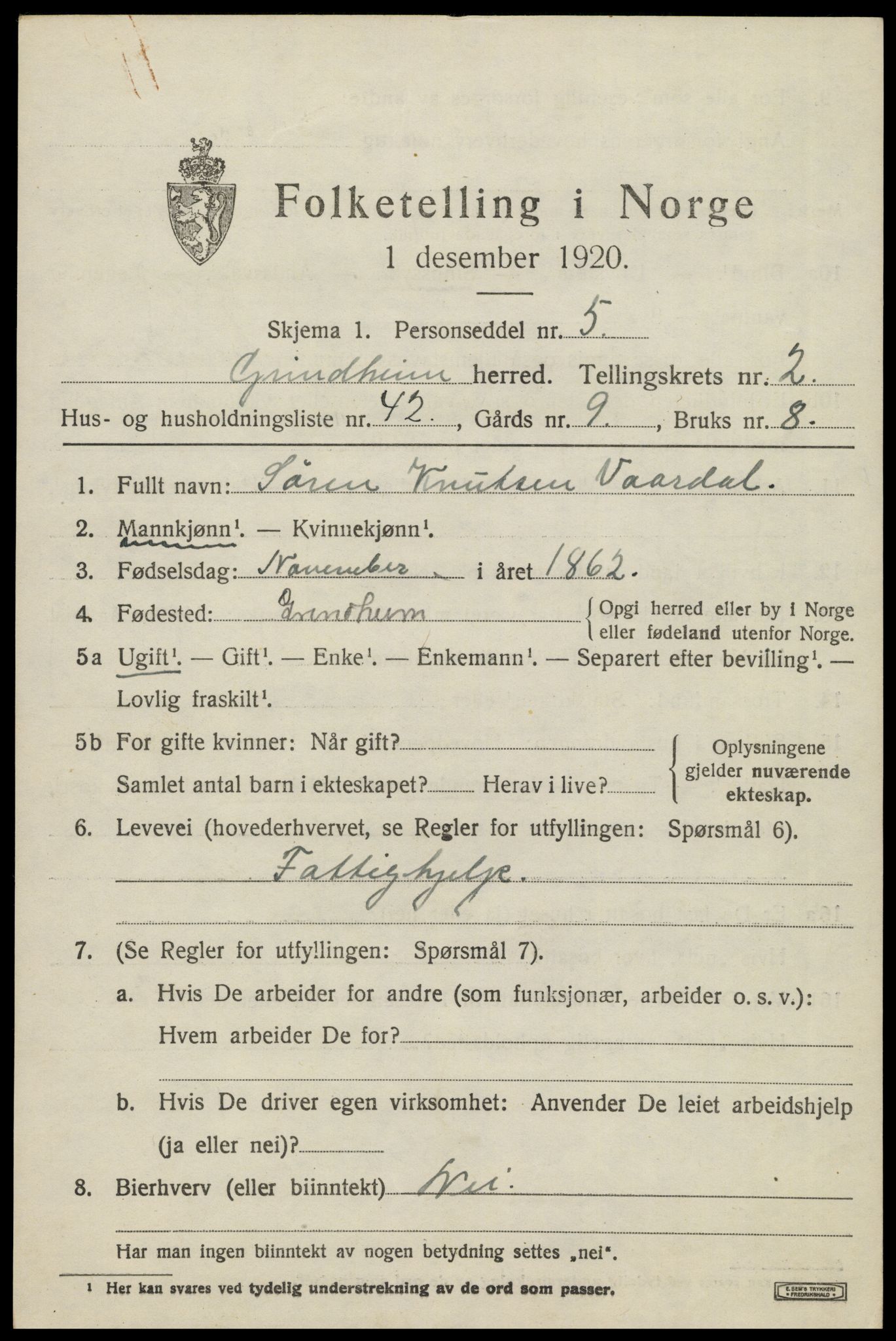 SAK, 1920 census for Grindheim, 1920, p. 877