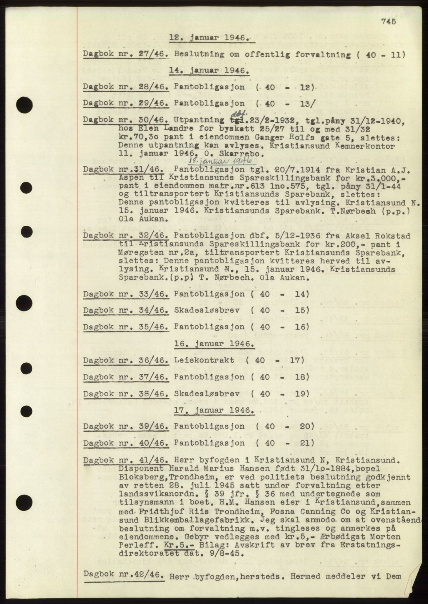 Kristiansund byfogd, AV/SAT-A-4587/A/27: Mortgage book no. 32b, 1945-1950, Diary no: : 27/1946