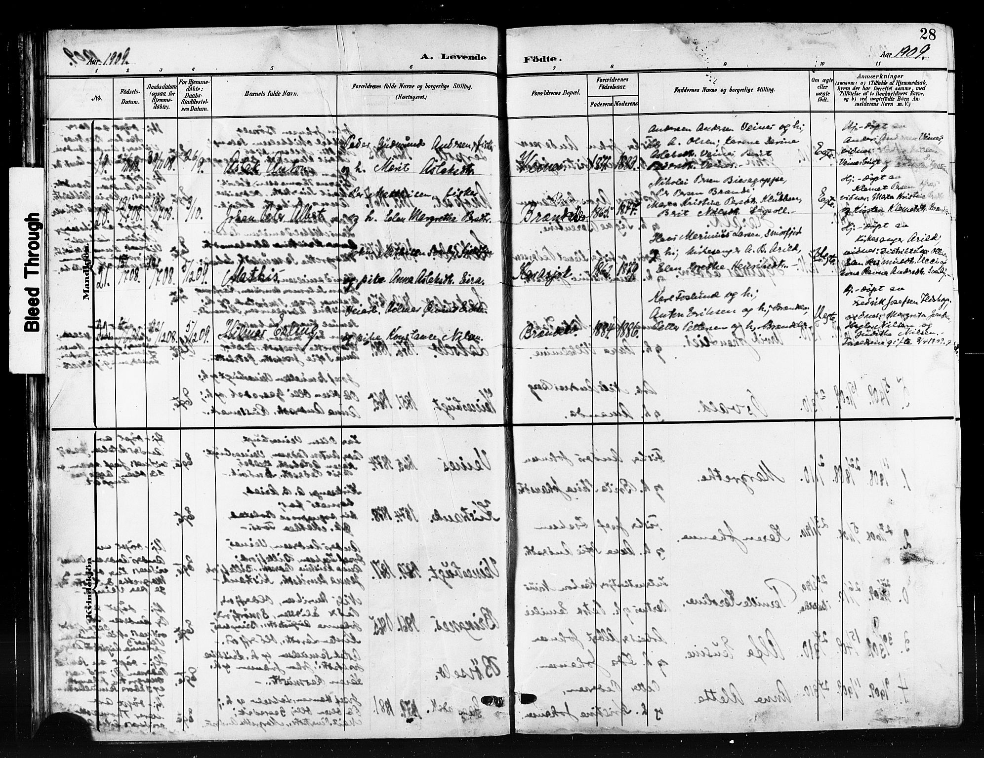 Kistrand/Porsanger sokneprestembete, AV/SATØ-S-1351/H/Hb/L0006.klokk: Parish register (copy) no. 6, 1905-1917, p. 28