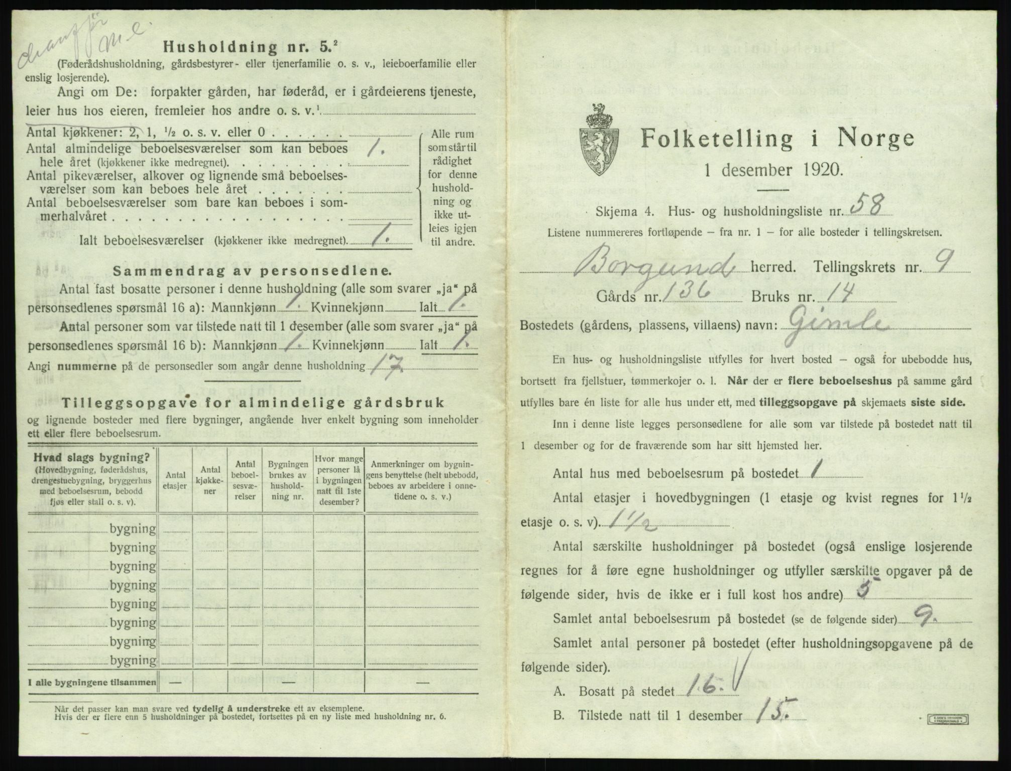 SAT, 1920 census for Borgund, 1920, p. 1040