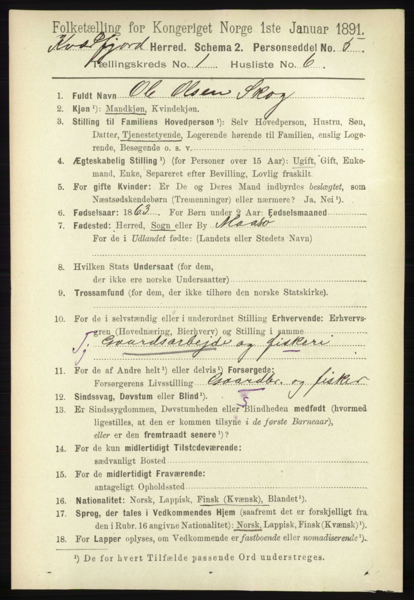 RA, 1891 census for 1911 Kvæfjord, 1891, p. 138