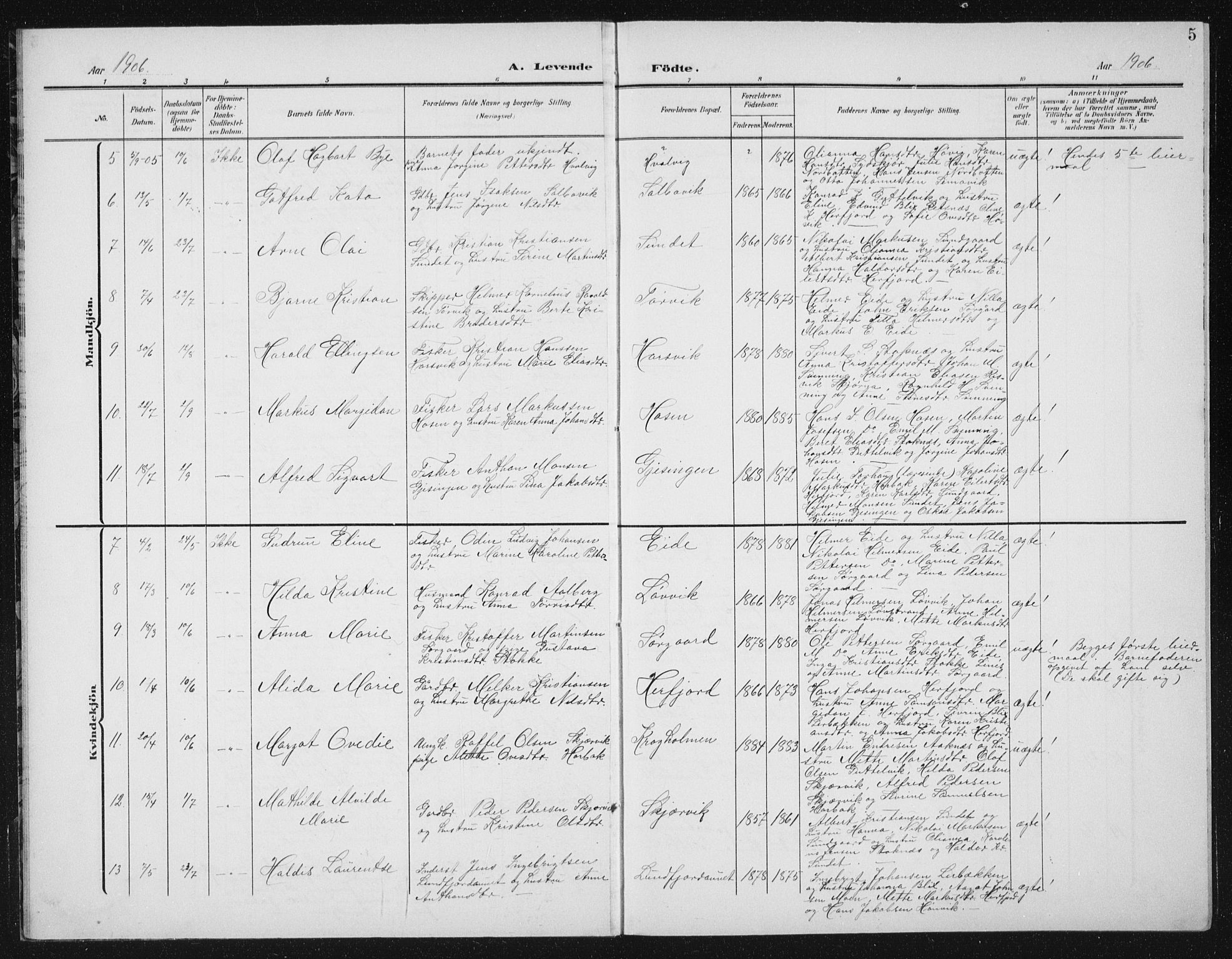 Ministerialprotokoller, klokkerbøker og fødselsregistre - Sør-Trøndelag, SAT/A-1456/656/L0699: Parish register (copy) no. 656C05, 1905-1920, p. 5