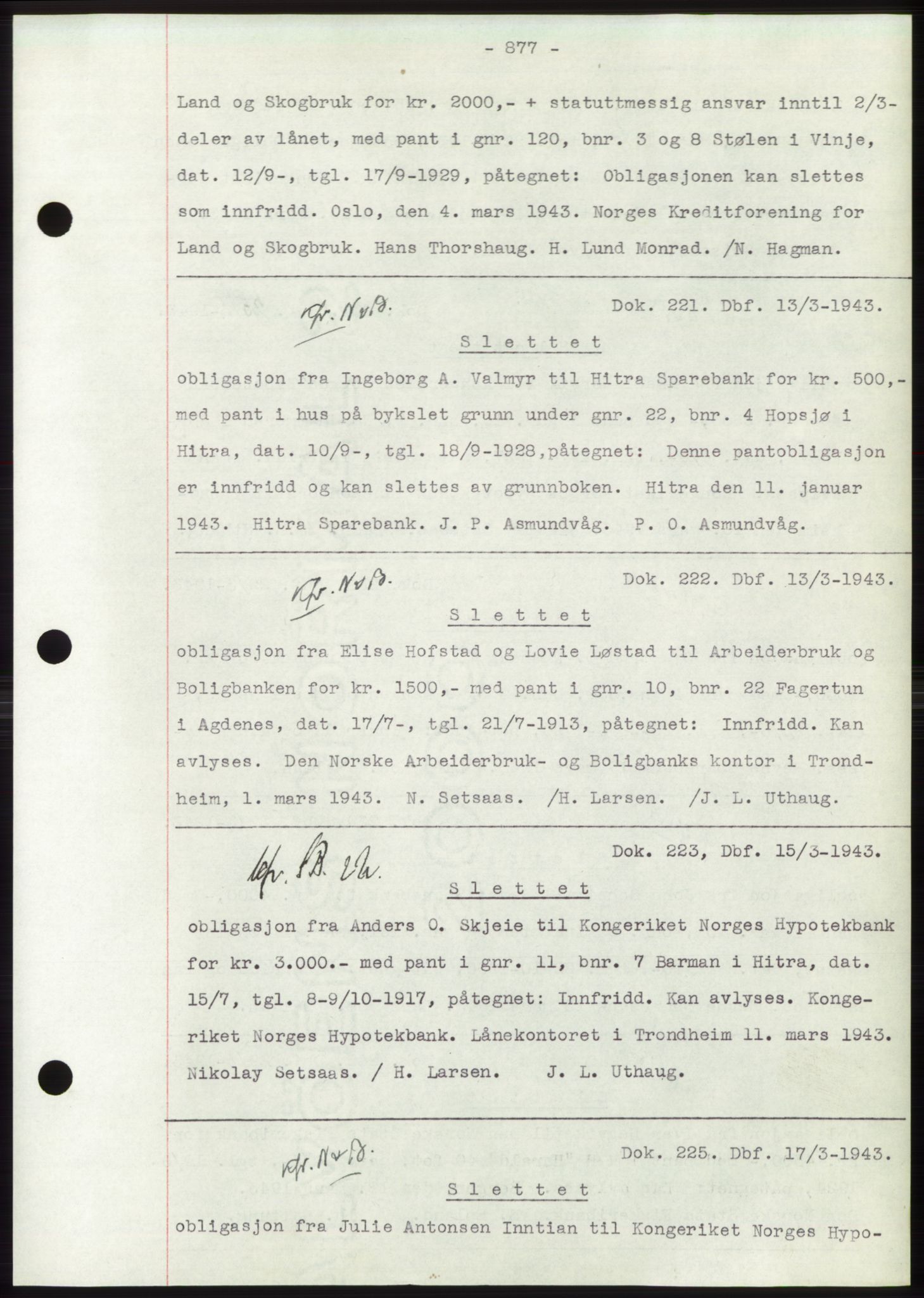 Hitra sorenskriveri, AV/SAT-A-0018/2/2C/2Ca: Mortgage book no. C1, 1936-1945, Diary no: : 221/1943