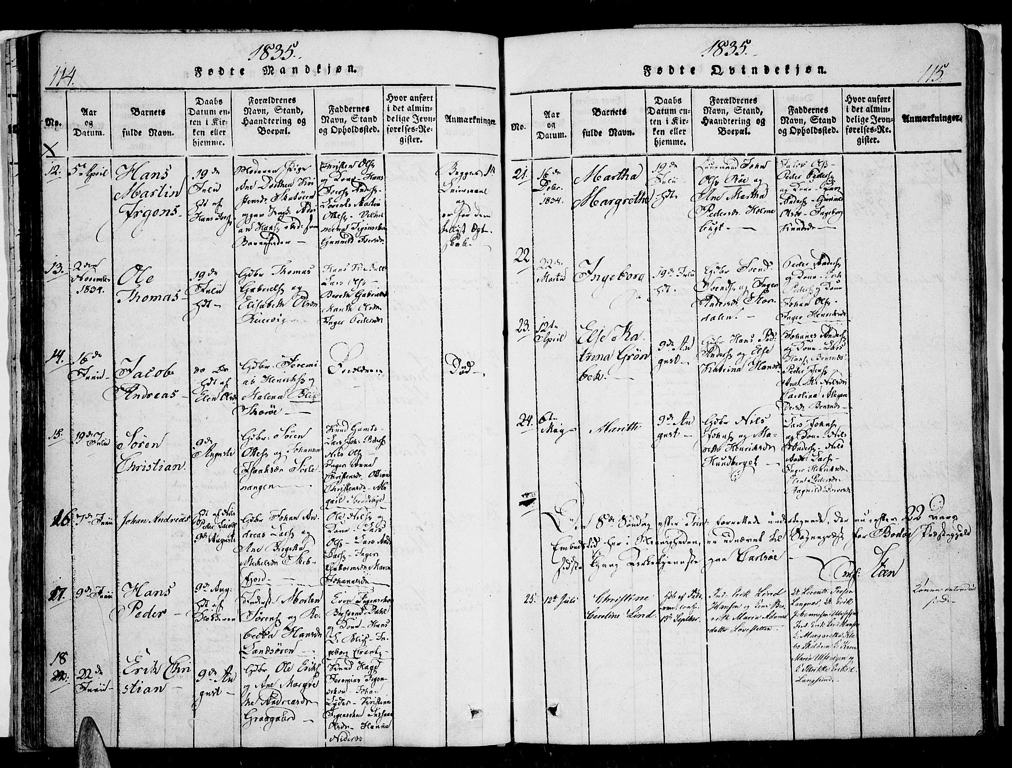 Karlsøy sokneprestembete, AV/SATØ-S-1299/H/Ha/Haa/L0002kirke: Parish register (official) no. 2, 1823-1842, p. 114-115