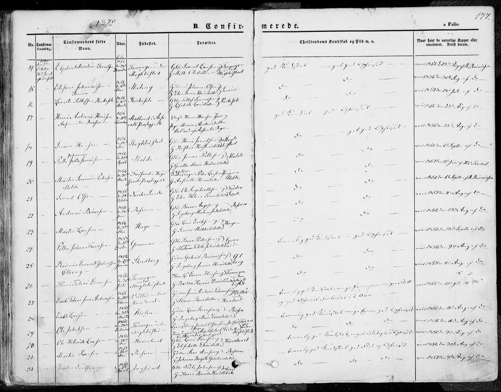 Håland sokneprestkontor, SAST/A-101802/001/30BA/L0007: Parish register (official) no. A 7.1, 1854-1870, p. 177