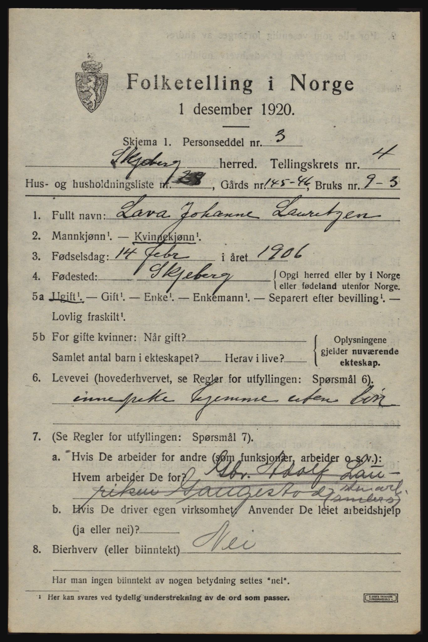 SAO, 1920 census for Skjeberg, 1920, p. 5285