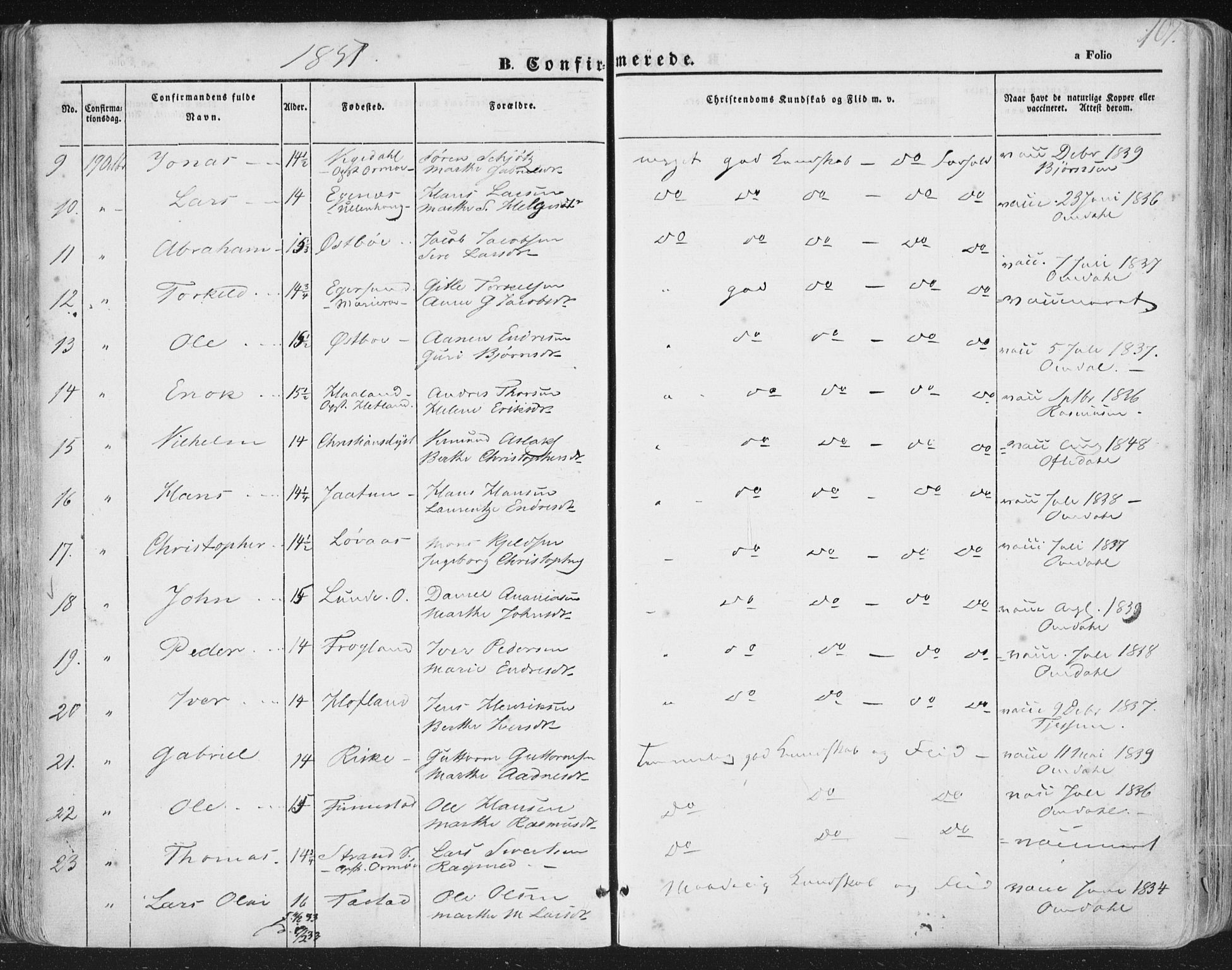 Hetland sokneprestkontor, AV/SAST-A-101826/30/30BA/L0002: Parish register (official) no. A 2, 1849-1869, p. 107